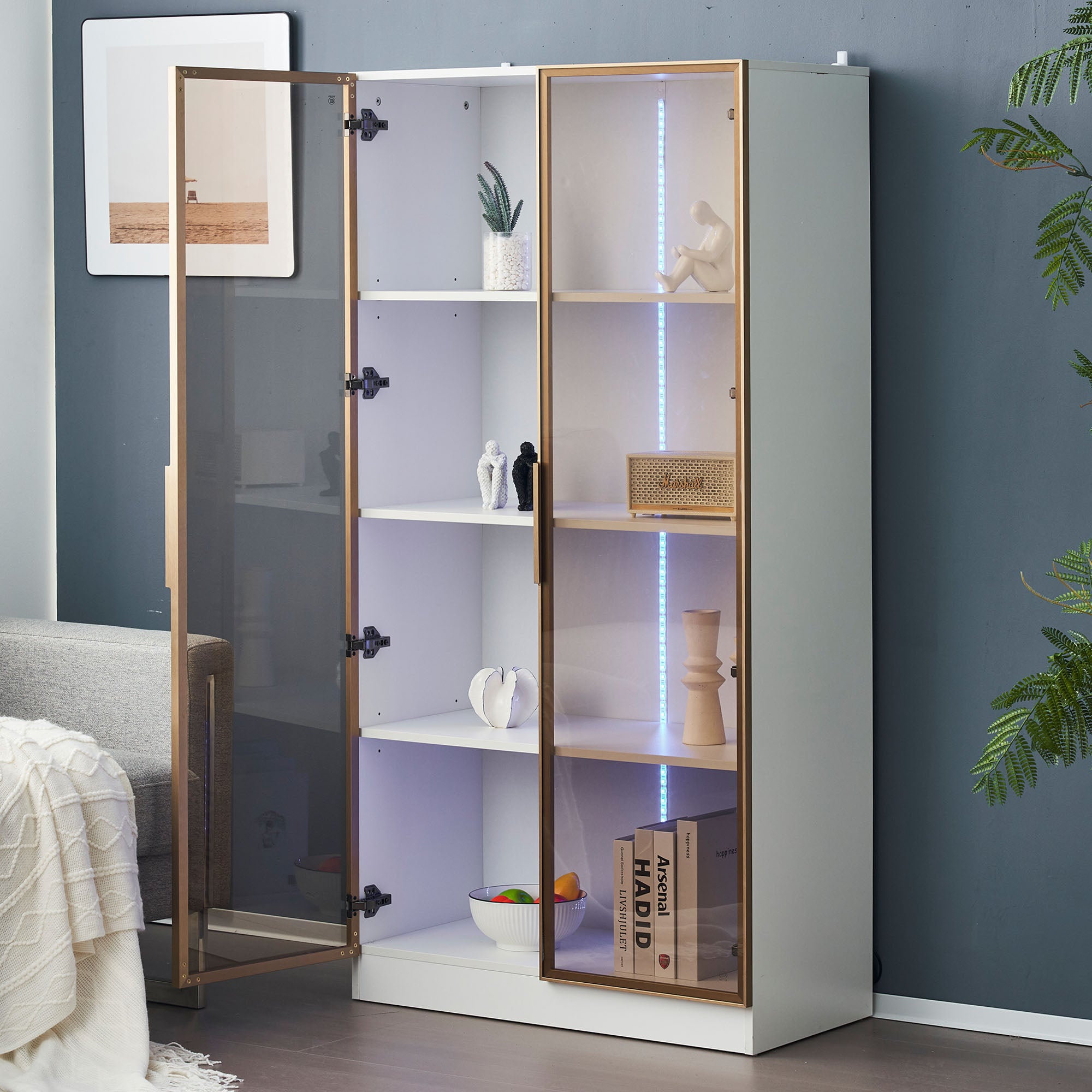 Lot de 2 Vitrine en verre blanc avec éclairage LED et étagères réglables, palette de couleurs platine, blanc - 5
