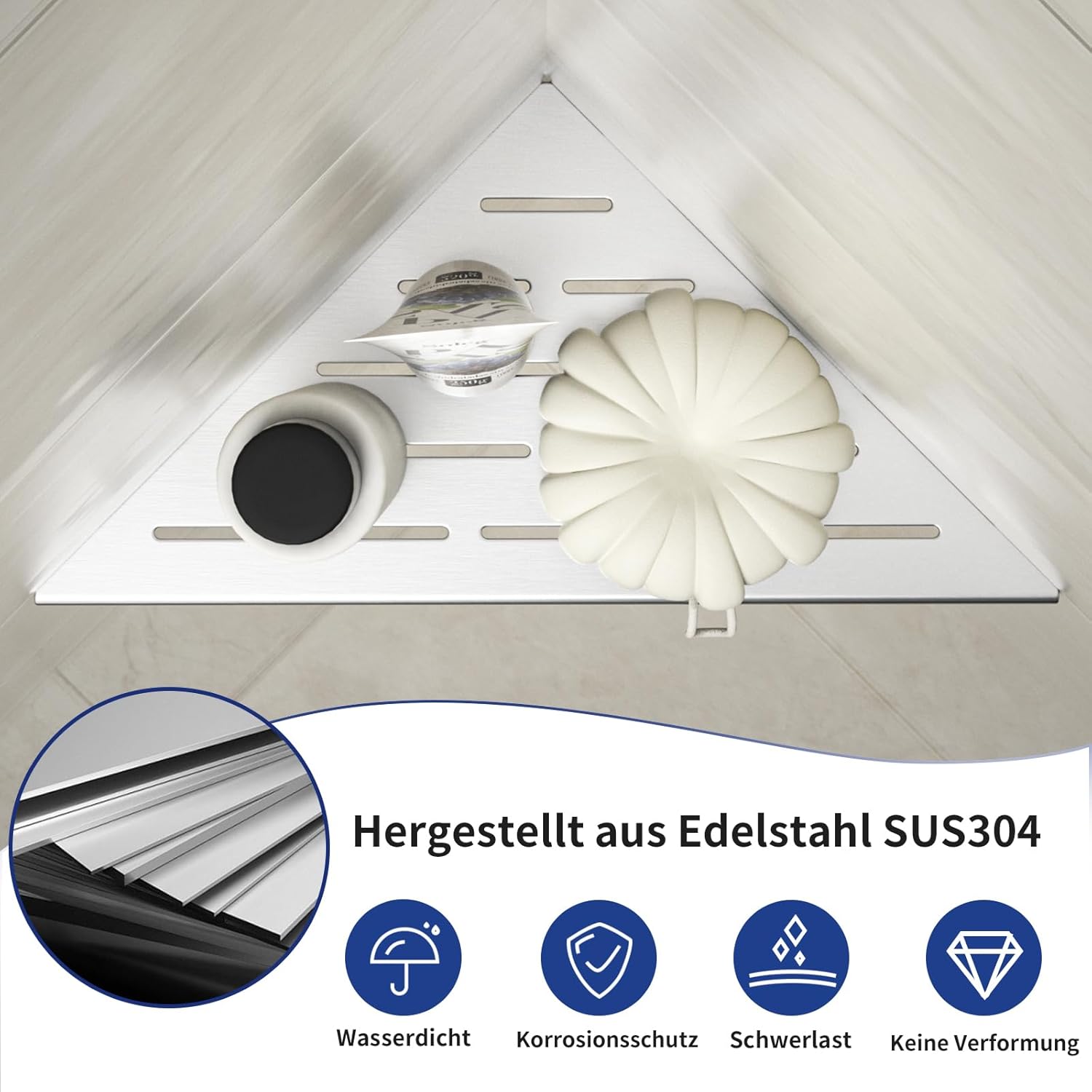 Lot 2 étagères d'angle pour douche en acier inox 304, pour carrelage, niche, rénovation salle de bain (brossé, 254 mm). - 5
