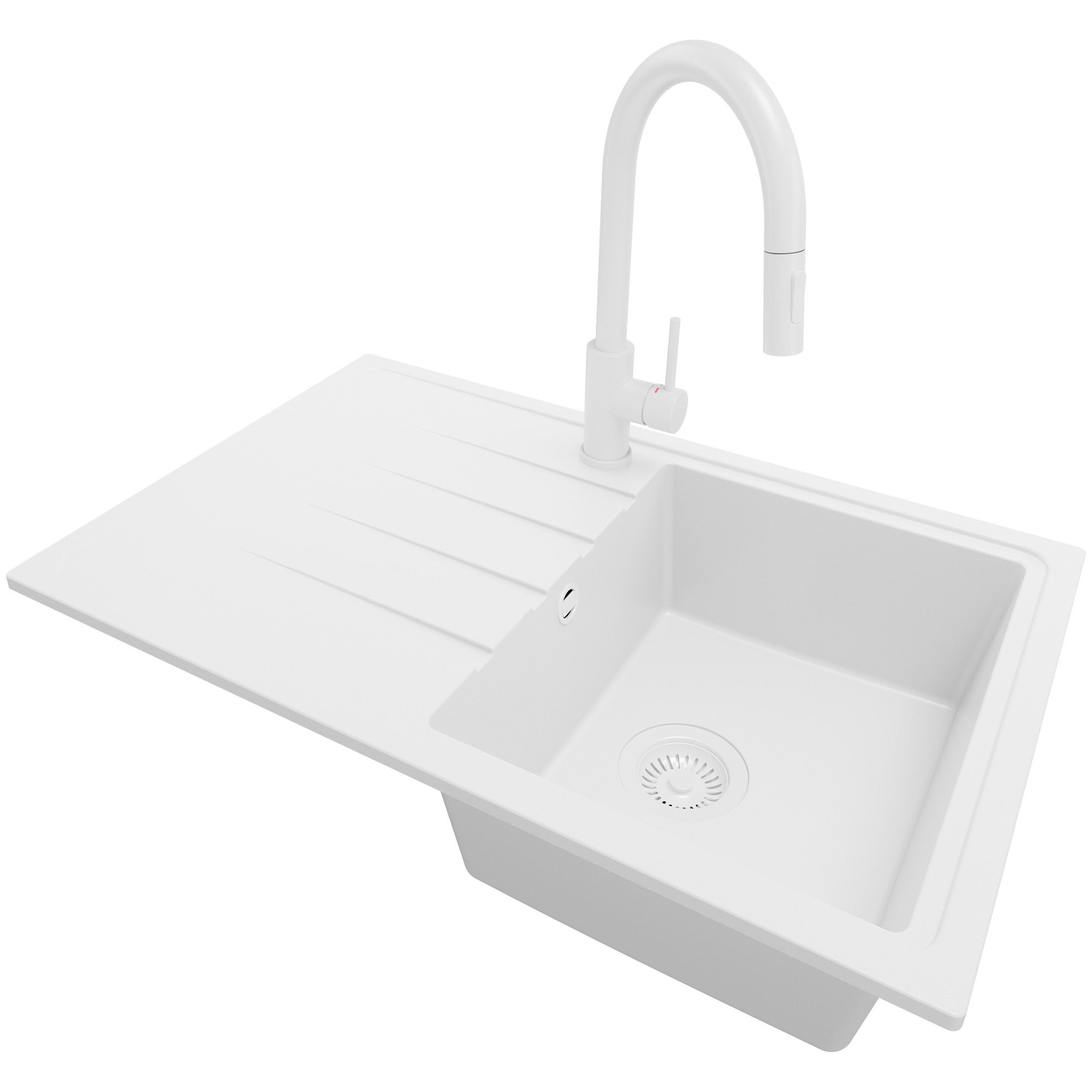 Zlewozmywak Granitowy Cały Biały 78x50cm, Zlew Kuchenny 1 Komorowy + Bateria 40x20cm + Syfon, Nablatowy do szafki od 45cm - Mediolan PRIMAGRAN