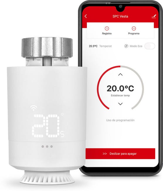 Válvula termostática inteligente SPC VESTA VALVE con tecnología Zigbee para programar calefacción, regular temperatura, compat. Alexa/Google - Blanco