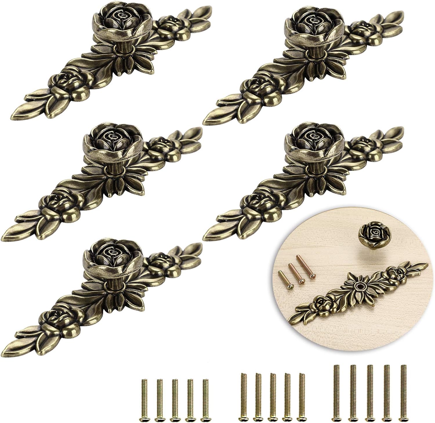 Zestaw 5 klamek w kształcie liścia Retro gałka do drzwi szafy, dekoracja szuflady, komody, kredensu, mebli itp. (14,5 cm)