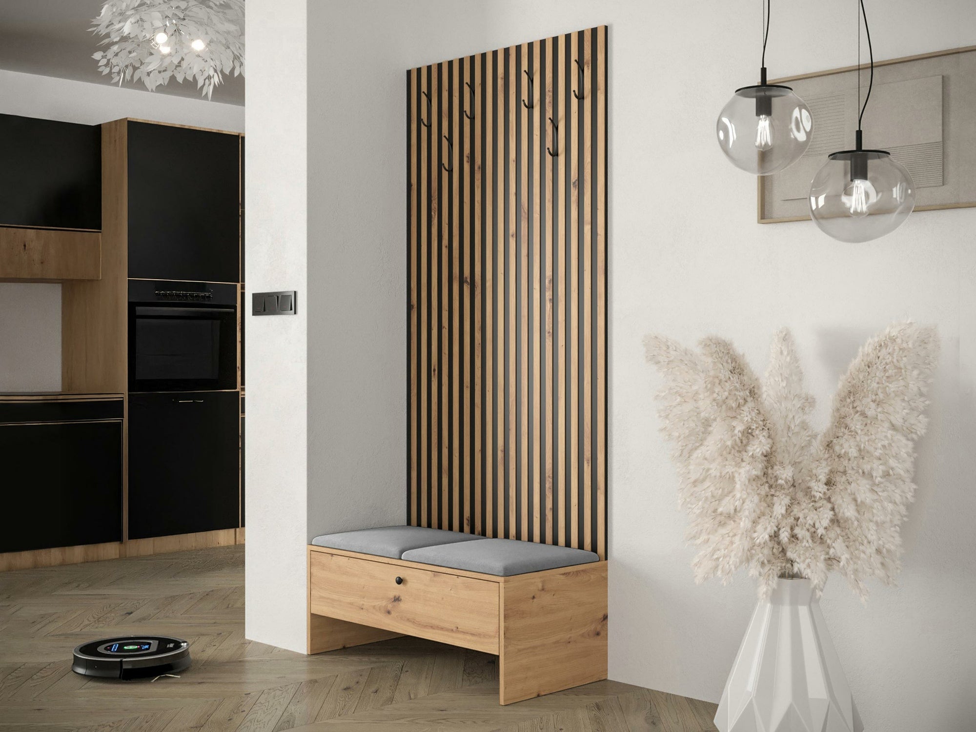 Meuble d'entrée Donio IV, 206x85x44cm, Noir, Chêne Artisan, Stratifié, Tissu, À poser - 2