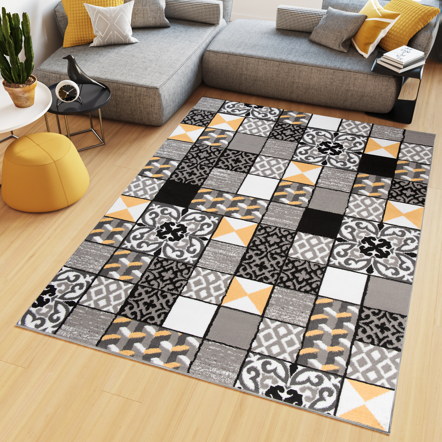 Tapiso maya alfombra de salón sala diseño moderno amarillo gris negro blanco geométrico triángulos mosaico 80 x 150 cm