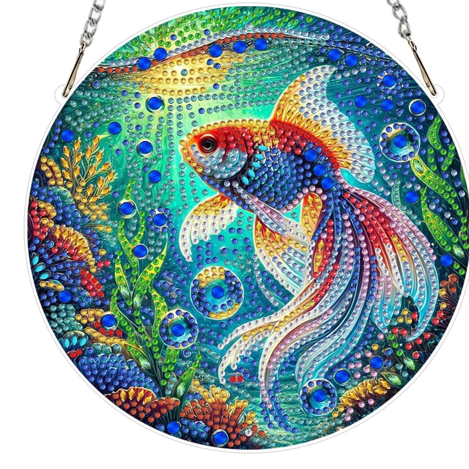 Kit Diamond Painting Fenêtre Poissons Colorés 5D Océan Brillant Recto ...