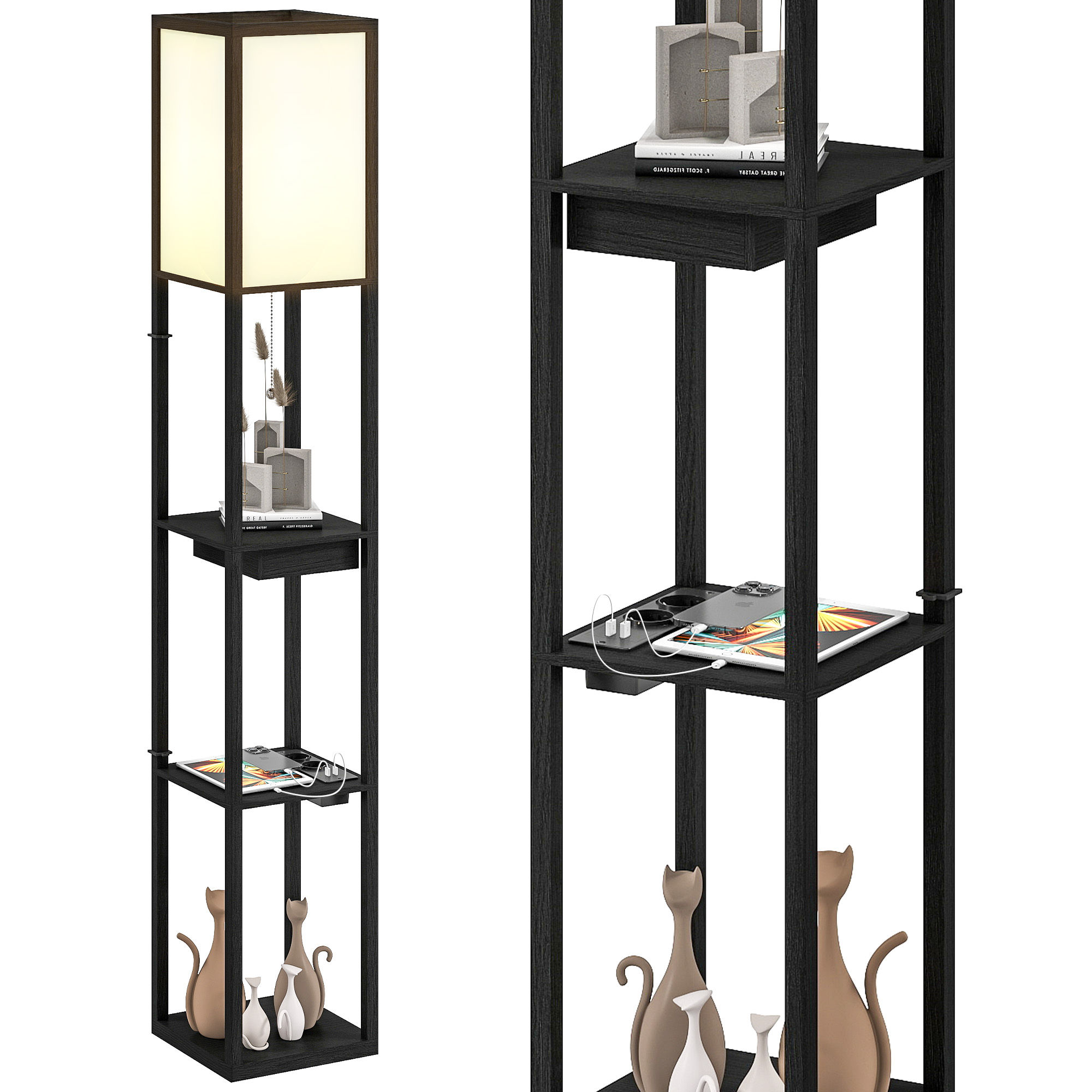 Lampadaire LED moderne avec étagère, port USB A+C et interrupteur au pied, convient pour le salon, la chambre et le bureau, noir. - 2