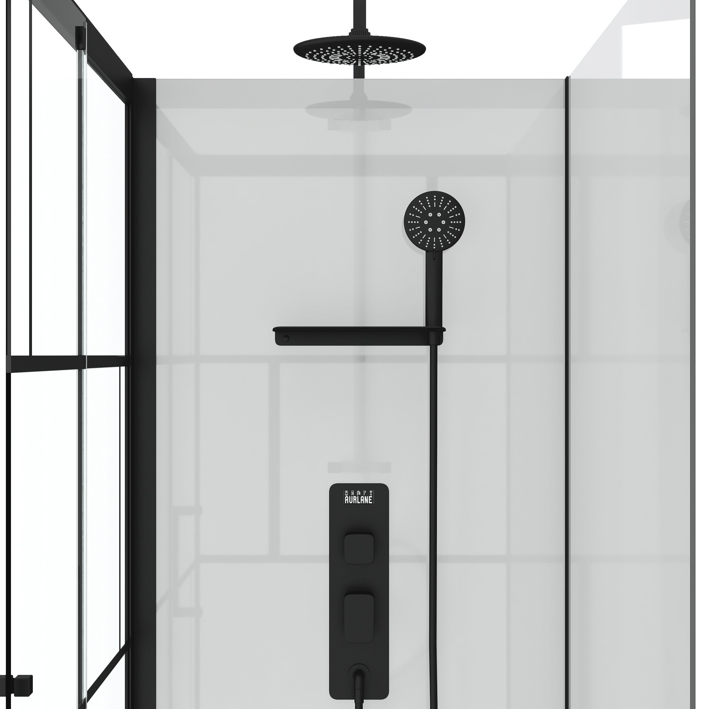 Cabine de douche 110x80cm / Receveur Haut - Verre transparent sérigraphié et Blanc - Profilés Noir - 2