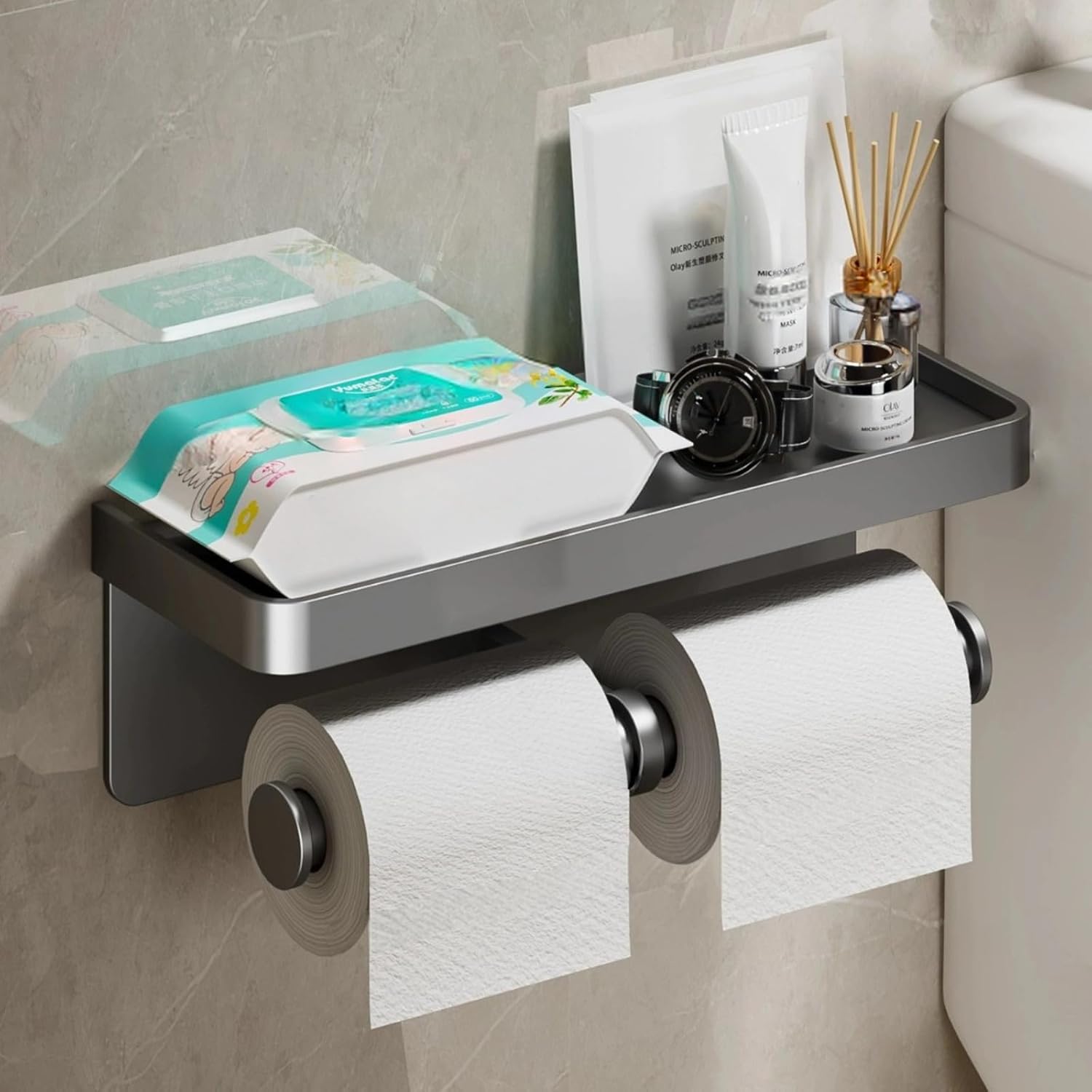 VZZNN Set Da 2 Porta Carta Igienica Con Ripiano: Adesivo O Forato, In Acciaio Inox Argento, Per Bagno E Cucina - 4