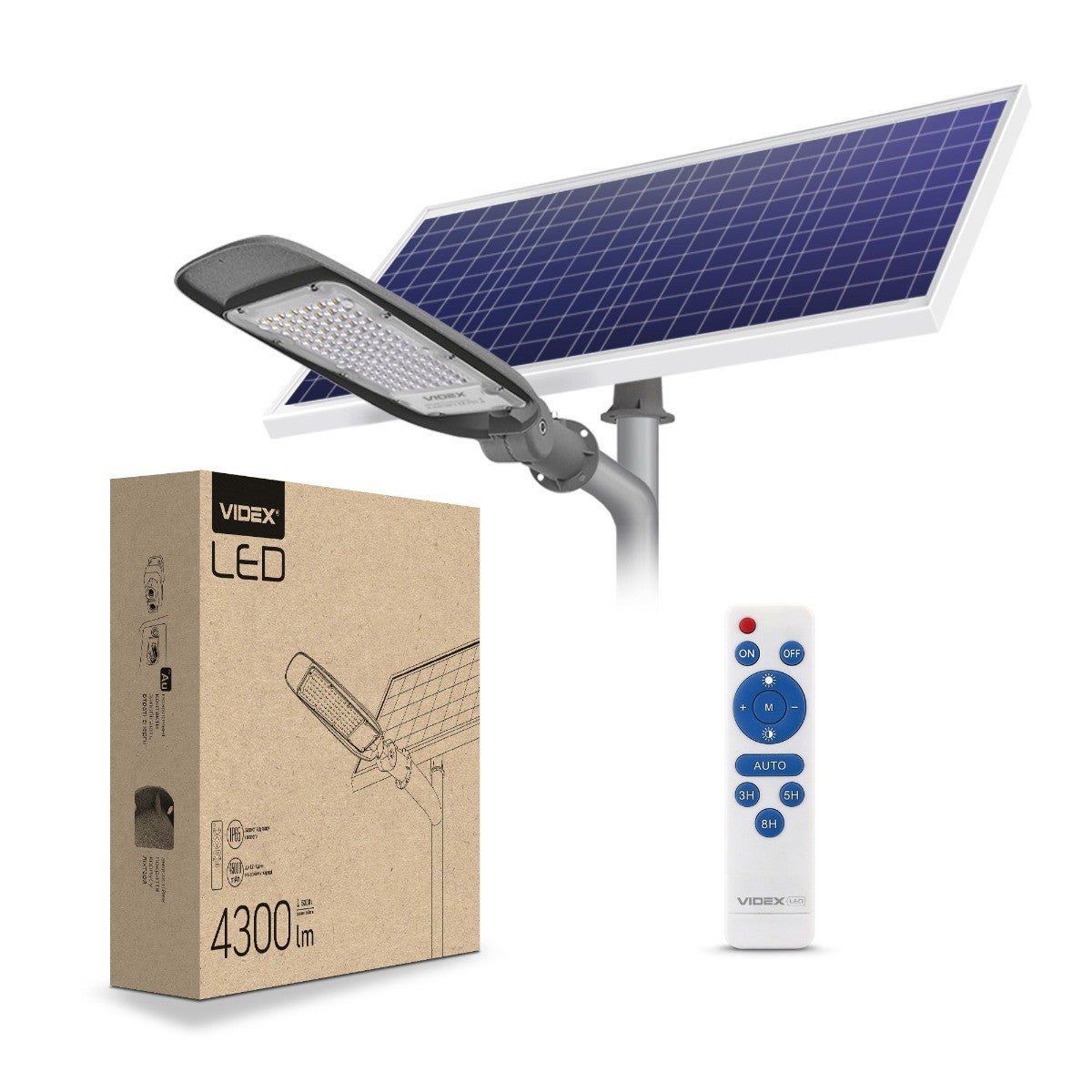 Lampa uliczna solarna Slso szara LED 5000K 4300lm z pilotem IP65 wym: 56,5 x 18,9 x 9,5 cm aluminium Videx