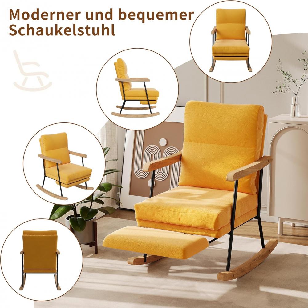 Fauteuil à bascule avec repose-pieds extensible, inclinable, dossier réglable, salon/chambre, marron/jaune - 4