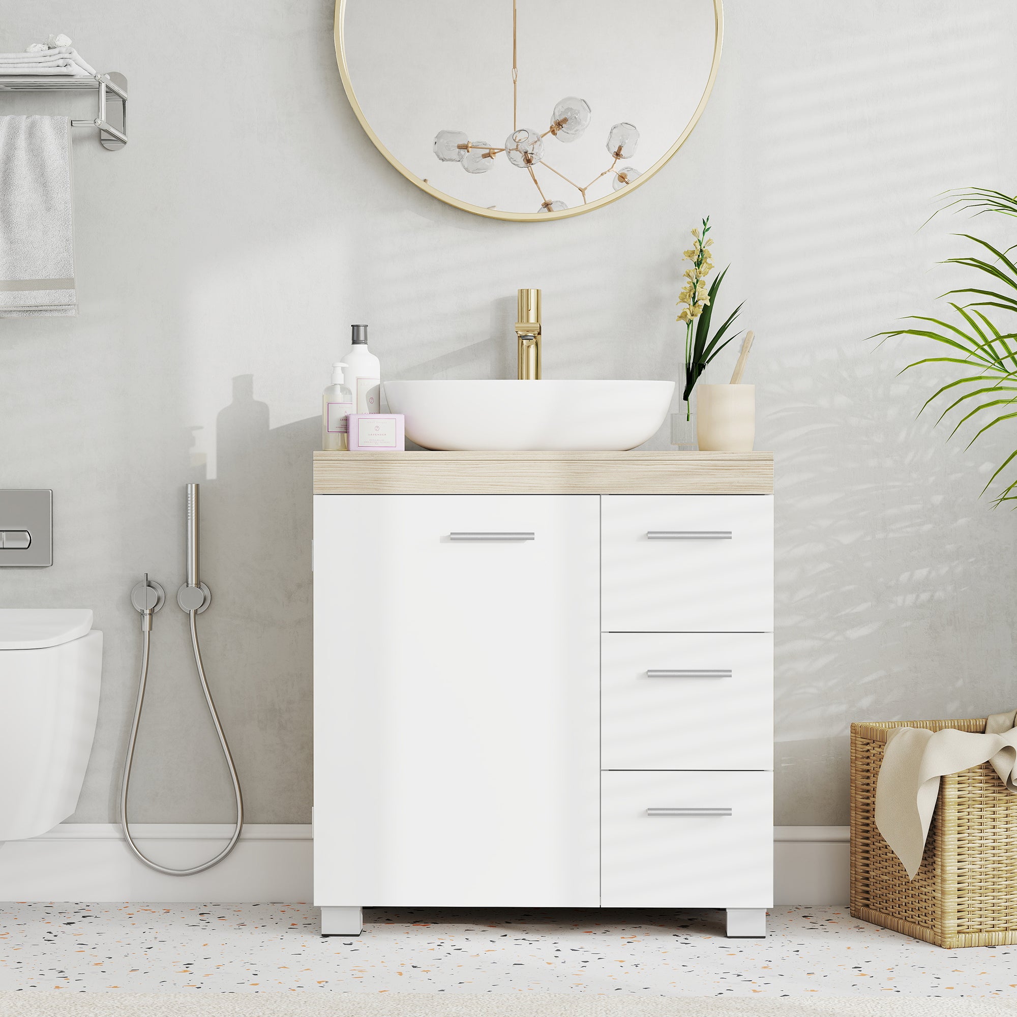 Armoire de Salle de Bain, Meuble Sous Lavabo avec Pieds, 2 Compartiments et 3 Tiroirs, Blanc et Beige - 3