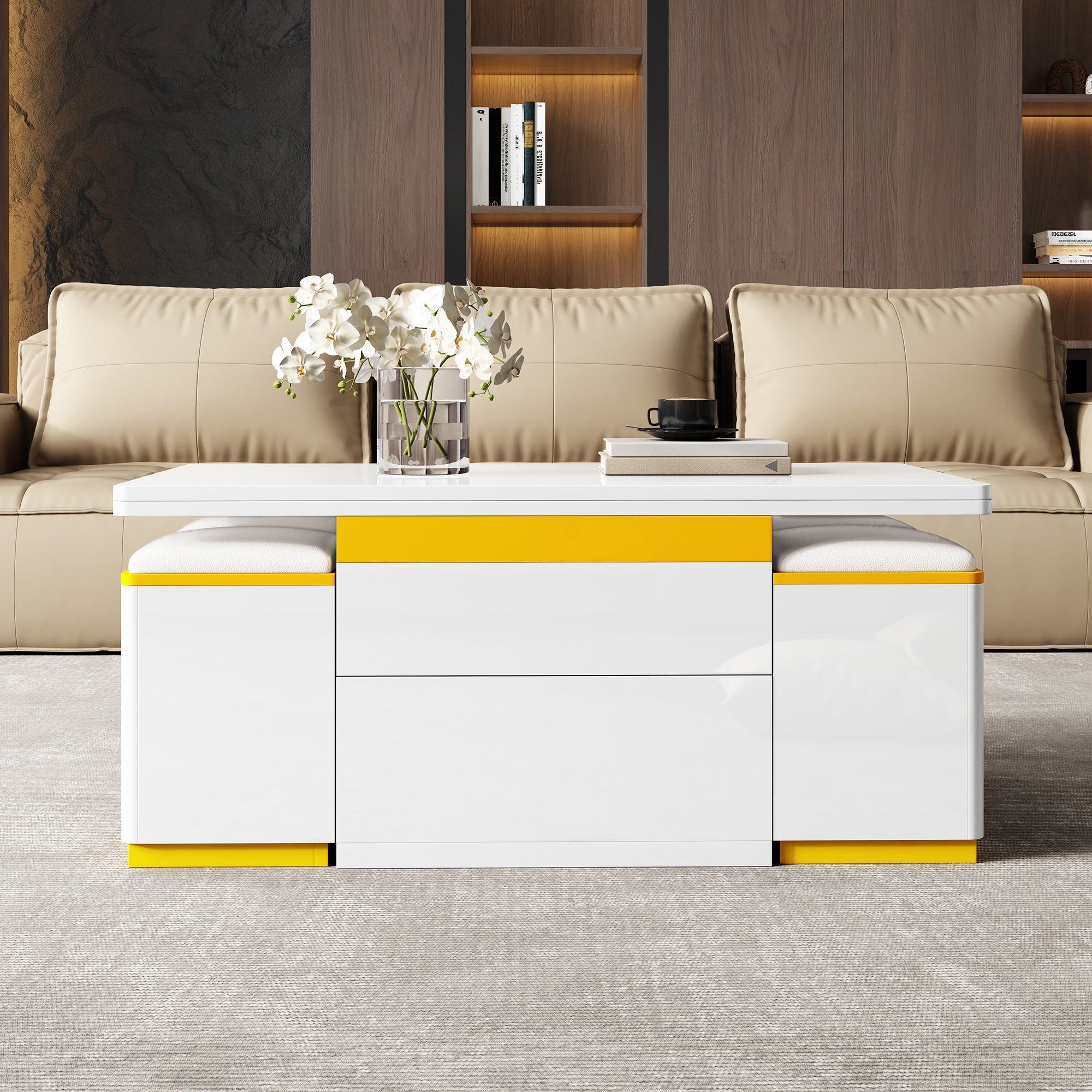 Stolik kawowy z podnoszonym blatem, 4 krzesłami i 2 szufladami – 100 x 50 x 43 cm – Płyta wiórowa + MDF – Kolor biały - 3