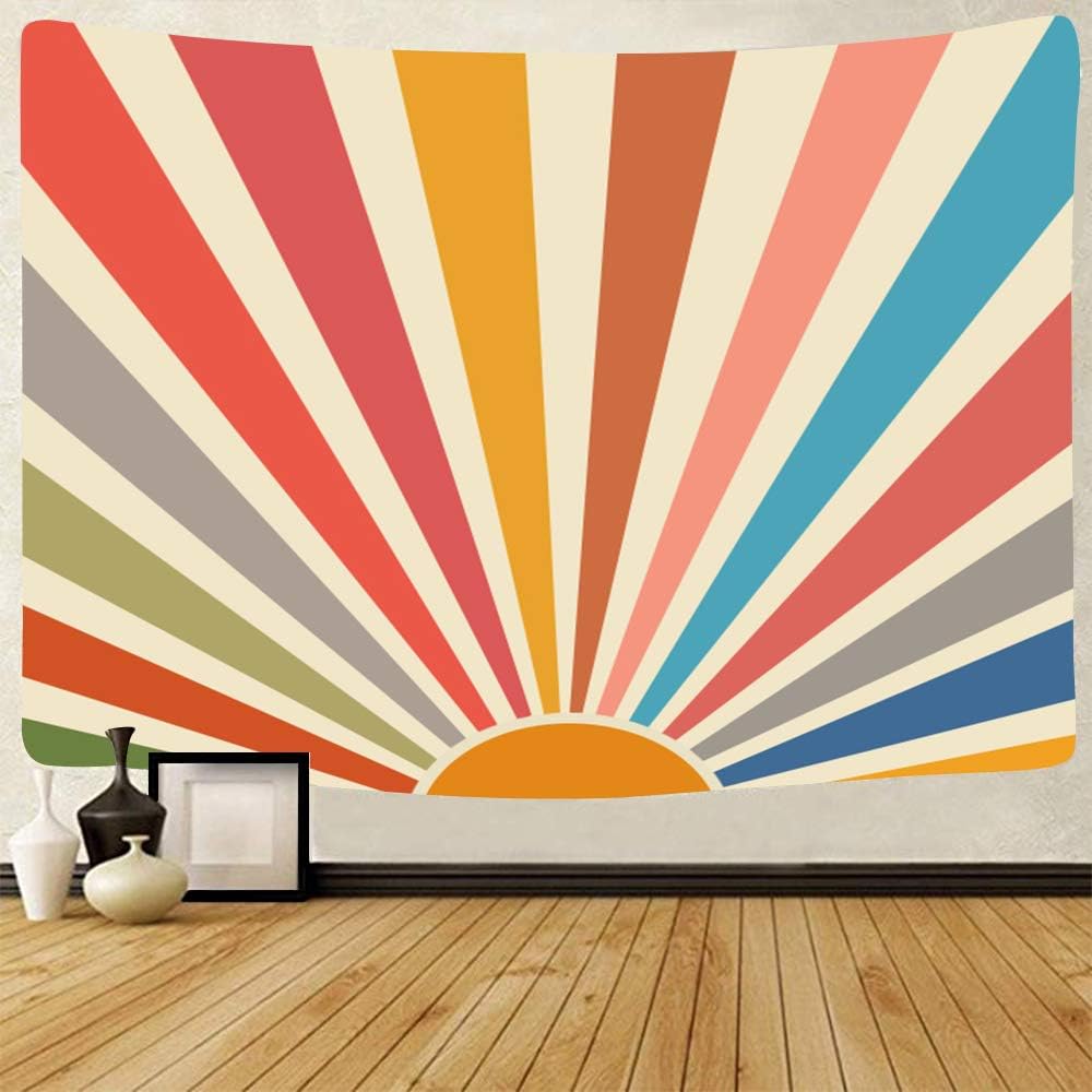 Gobelin ścienny w stylu vintage boho, styl retro lat 70., tęcza, wschód i zachód słońca, geometryczny (130 x 140 cm)