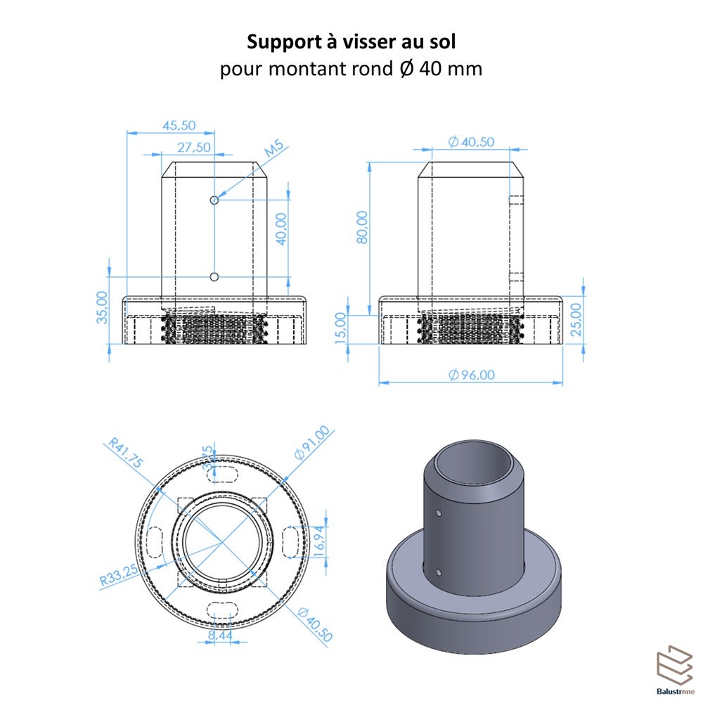 Support de sol à visser pour montant rond Ø40 mm - 2