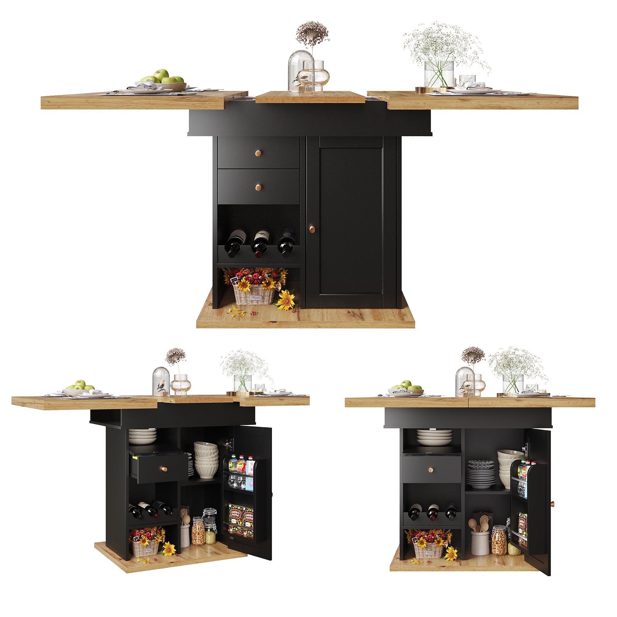 Table à manger extensible 4 à 6 couverts avec 1 tiroir et 2 porte - 110/140 x 80 x 75 cm - MDF - Noir + naturel - 4
