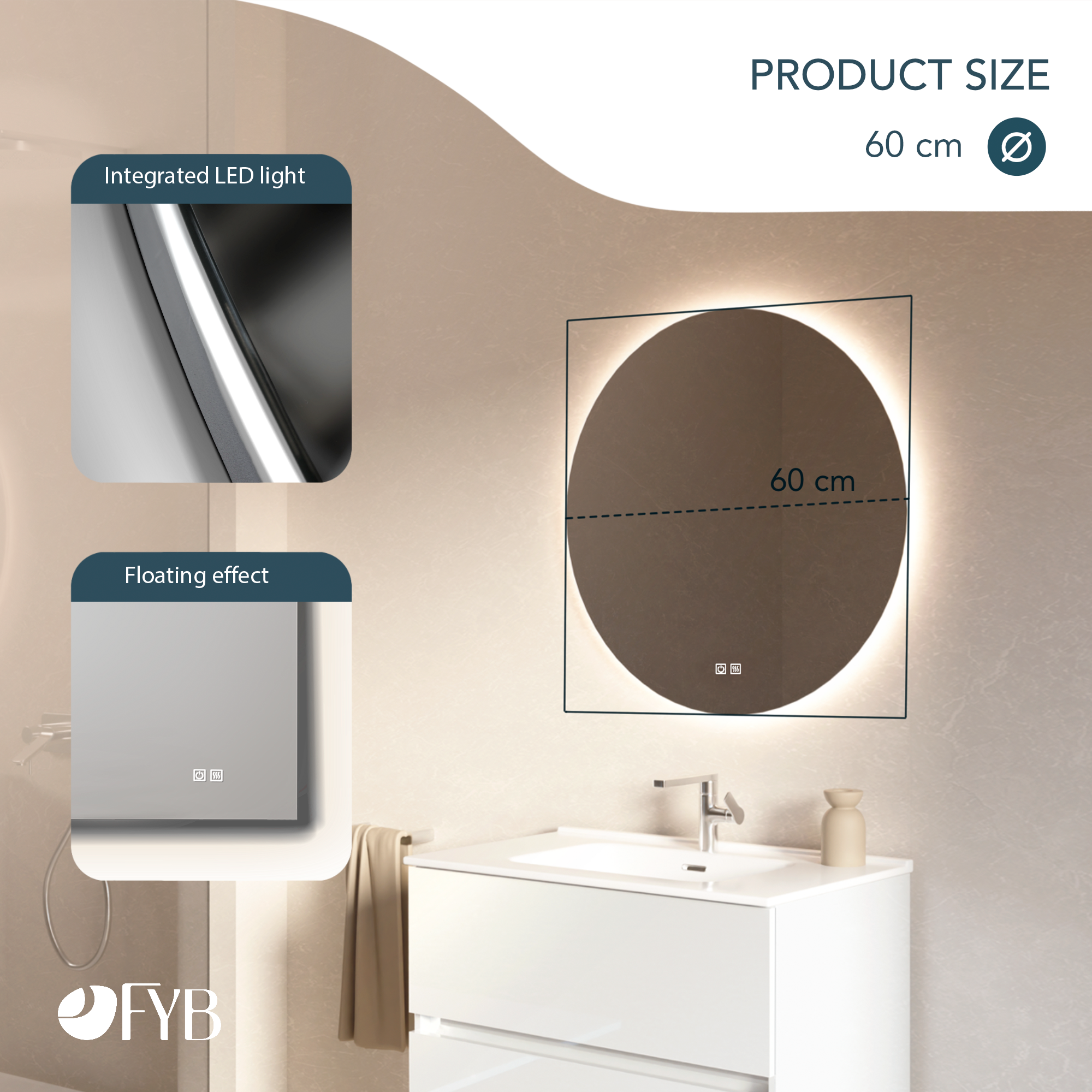 Miroir rond Bluetooth 60 cm Feel Your Bath, LED Réglable, Interrupteur Tactile, Antibuée et Arrêt Automatique - 5