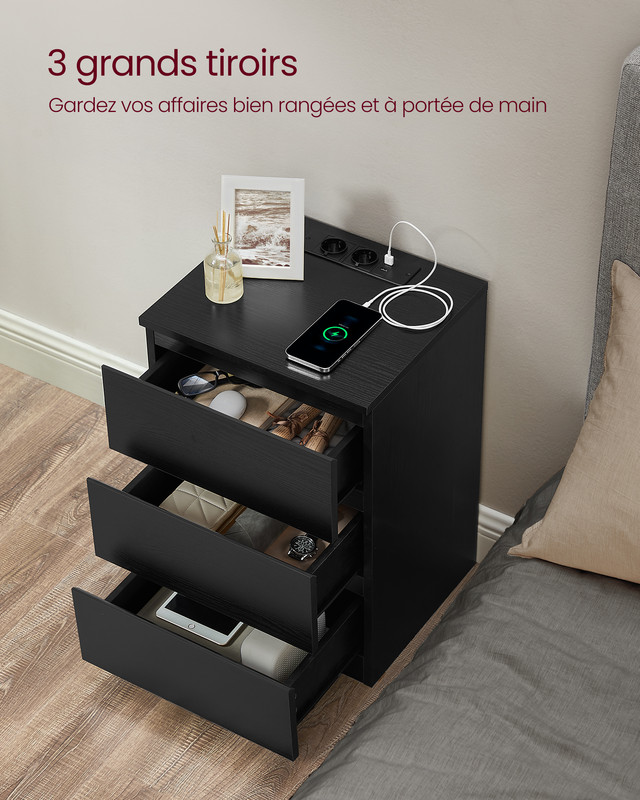 Table de Chevet avec Multiprise, Lot de 2, Table d’Appoint avec 3 Tiroirs, 2 Prises CA, 2 Ports USB, Noir Boisé - 4