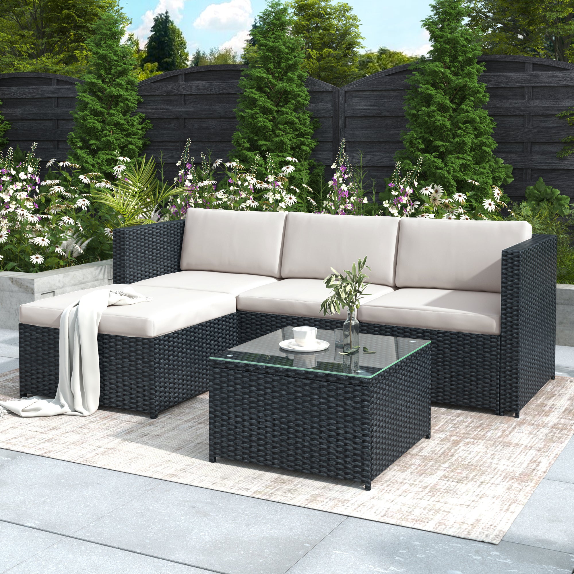 Salon de jardin en résine tressée - Canapé d'angle extérieur avec table basse - 4 places - Noir - 2