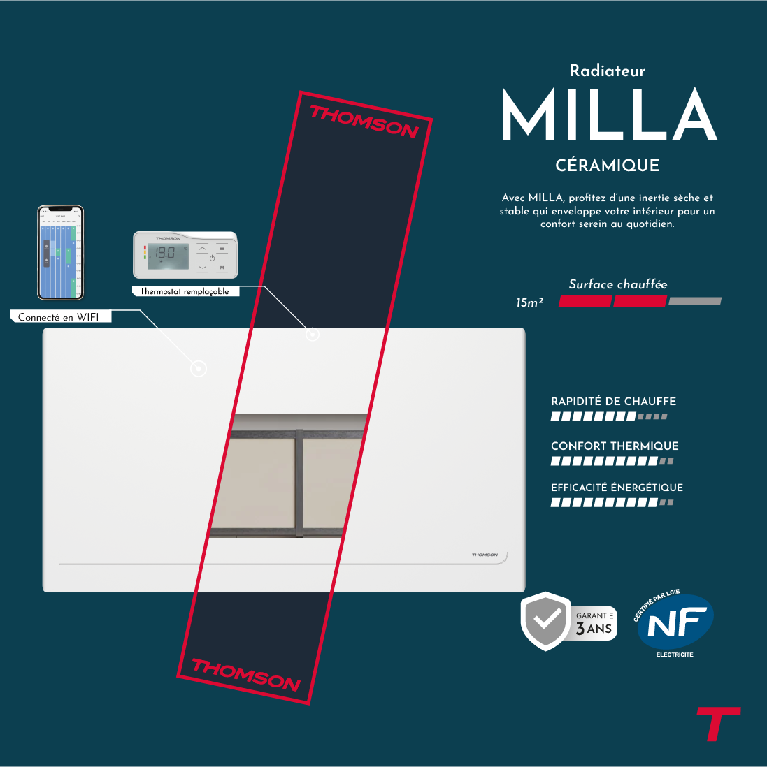 Radiateur électrique fixe connecté WiFi à inertie sèche céramique avec thermostat interchangeable 2000W THOMSON MILLA horizontal blanc - 2
