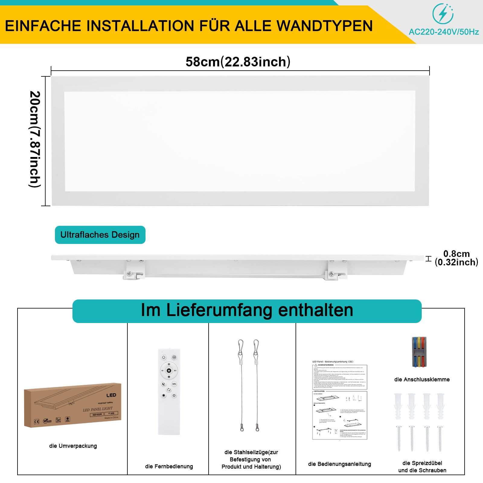 LOVHAUS 24W LED Lampe de Salon Avec Télécommande 2400LM, Panneau LED de Salon Dimmable 3000K-6500K, 58x20CM LED Plafonnier de Salon Avec Veilleuse - 3