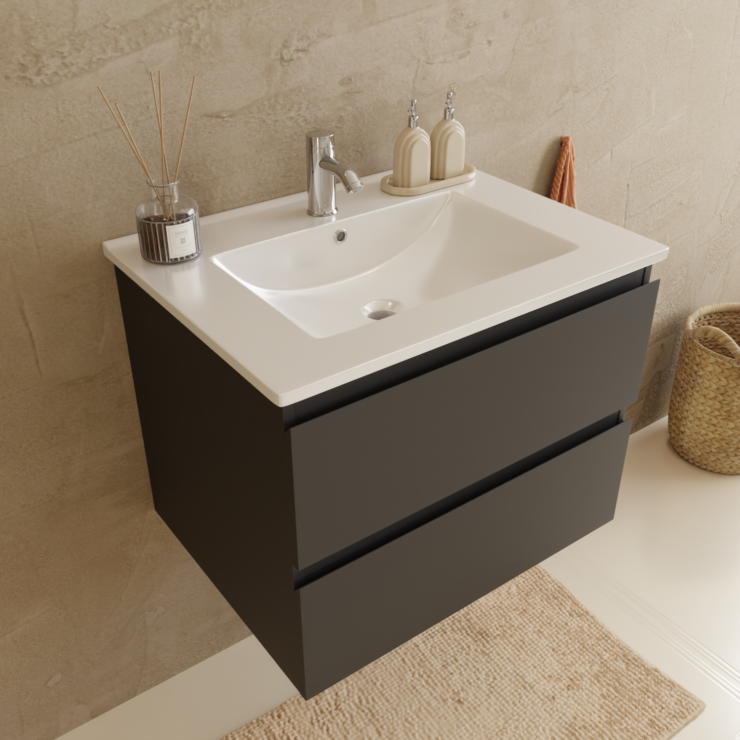 LOMAZOO Meuble De Salle De Bain Marenza Noir Mat 60cm - Lavabo Blanc - 6