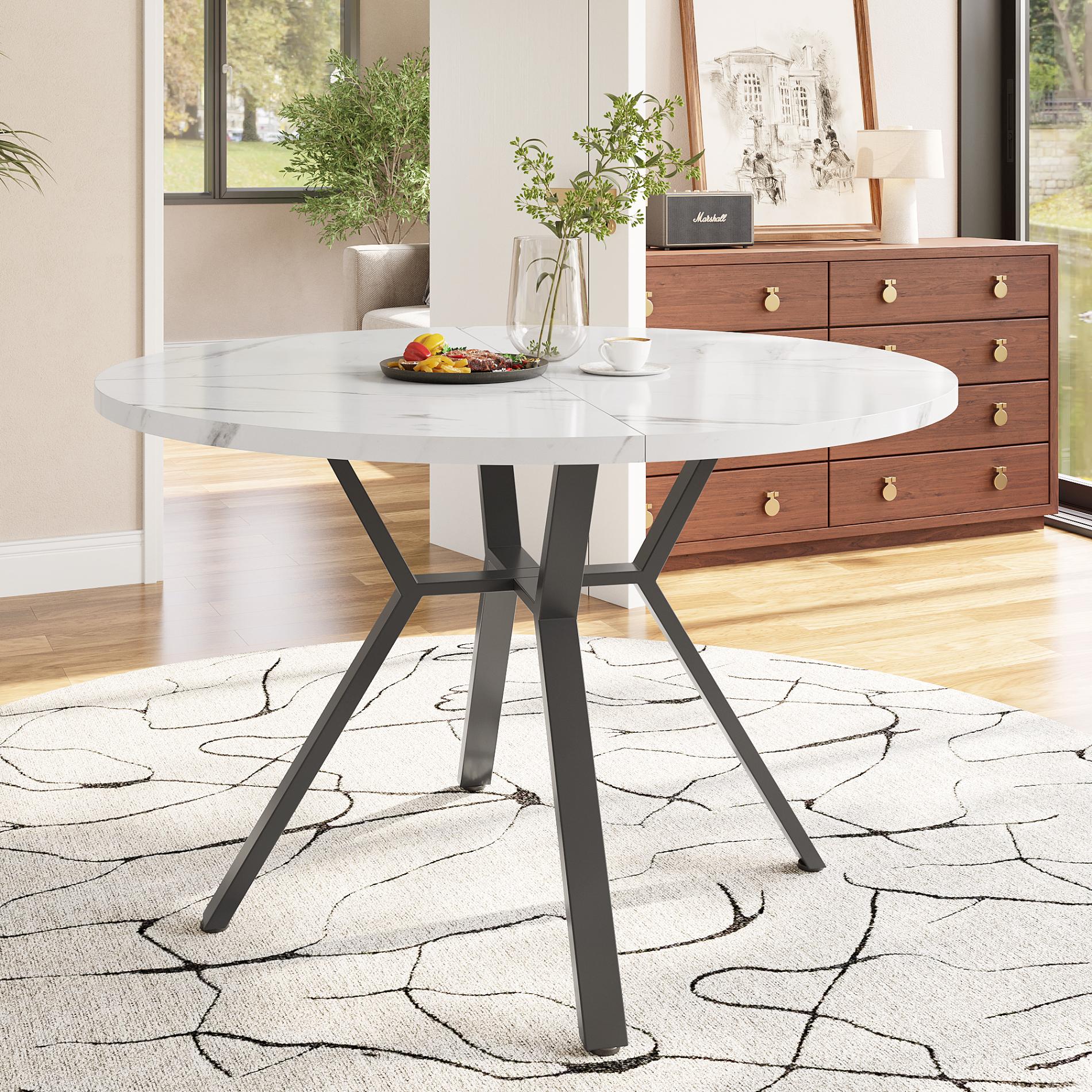 Okrągły stół jadalniany z białego marmuru 100 cm - minimalistyczny design z metalowymi nogami X, stabilny i elegancki