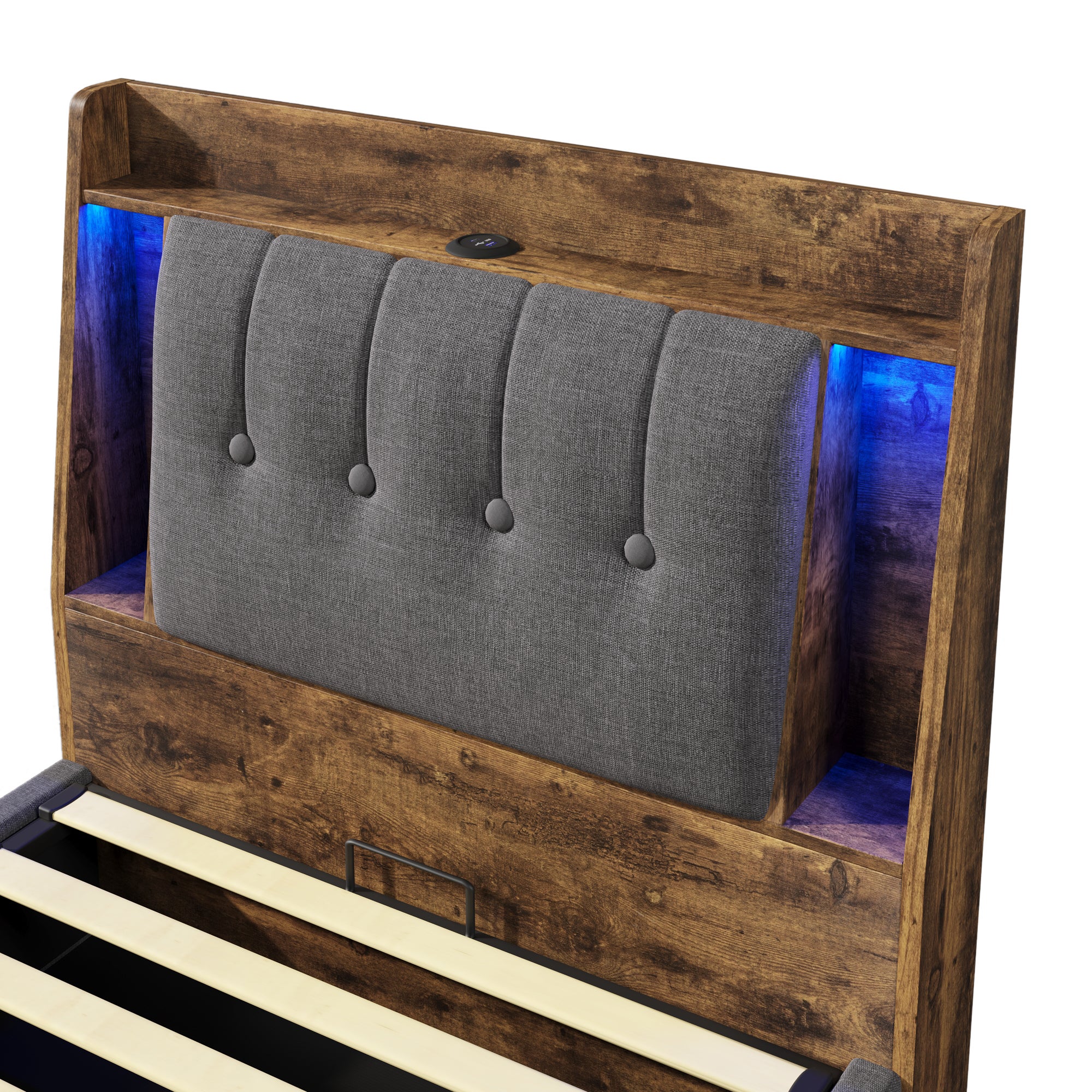 letto contenitore 90x200 cm con LED e porte USB-C lino MDF grigio senza materasso - 5