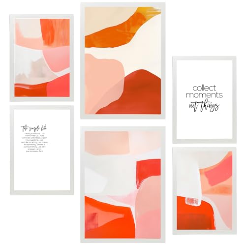 Set de 6 abstract colors orange red white shapes cuadros con ilustración de diseño para decorar las paredes del hogar habitación a3 a4 marco blanco