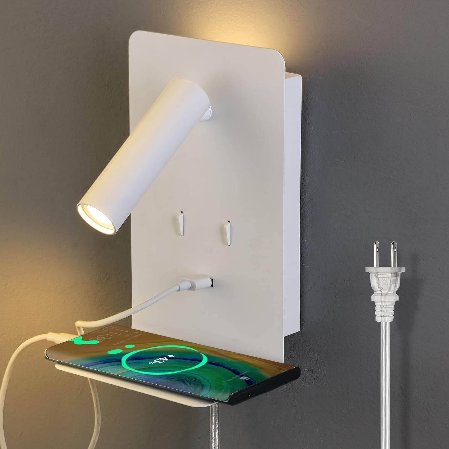 Lampa ścienna do sypialni, wbudowana w ścianę, do czytania, kinkiety LED przy łóżku, z włącznikiem, portem USB, oświetlenie ścienne, 3000 K (białe)