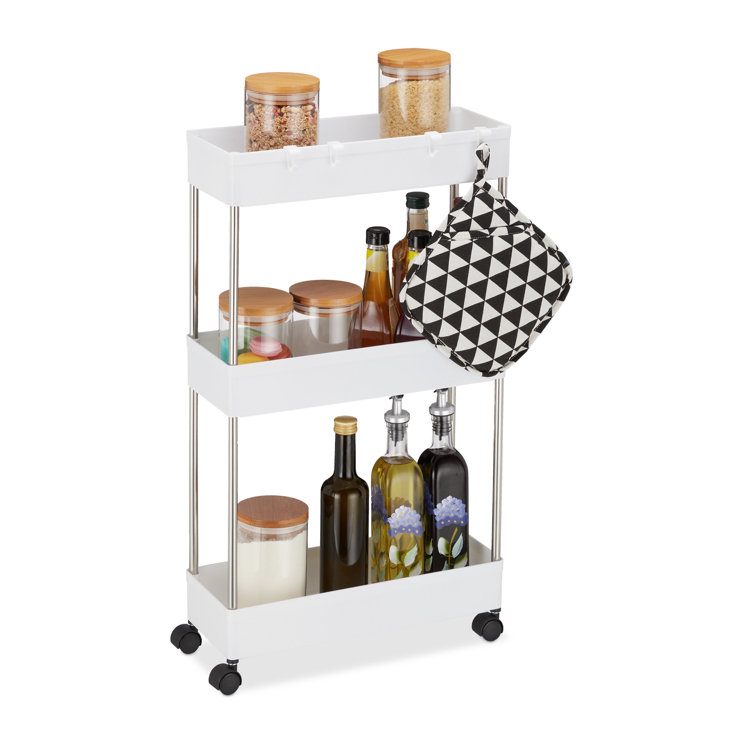 Relaxdays Mobile Salvaspazio, Scaffale Su Ruote Con 4 Ripiani Carrello Per Bagno E Cucina 88 X 41 5 X 23 5 Cm Bianco 90688029