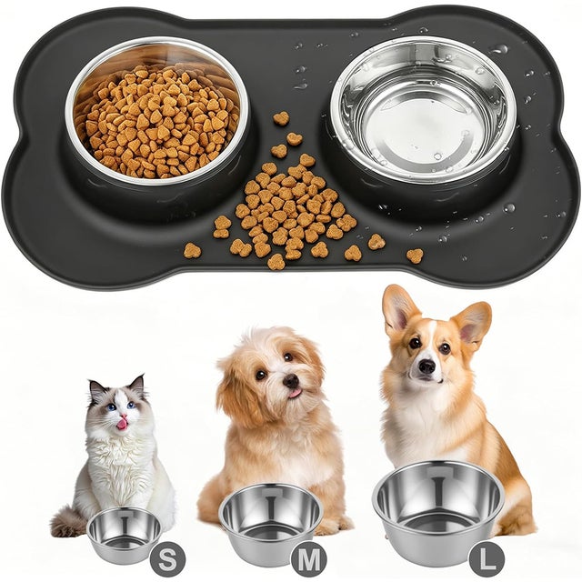 Conjunto de 2 tigelas antiderrapantes de aço inoxidável para cães e gatos, com tapete anti-respingos para tigela de cachorro (P 36 x 21 cm)