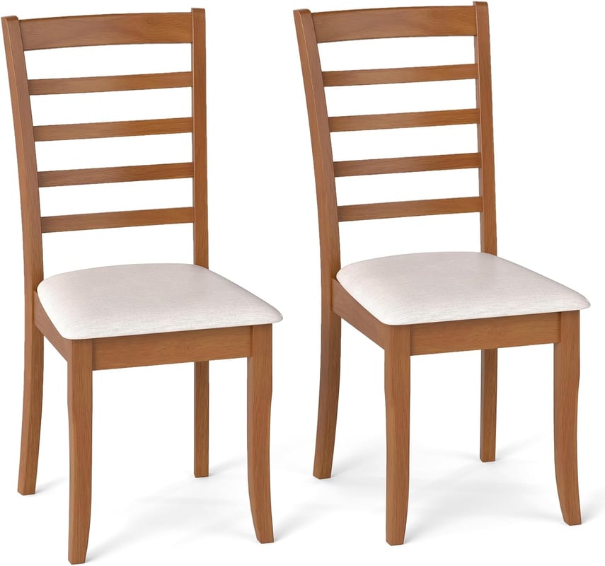 Zestaw 2 Krzeseł do Jadalni, Krzesła Kuchenne bez Podłokietników, Rama z Drewna Kauczukowego, Wysokie Oparcie z Listewkami, do Salonu, Kuchni (Beżowe)