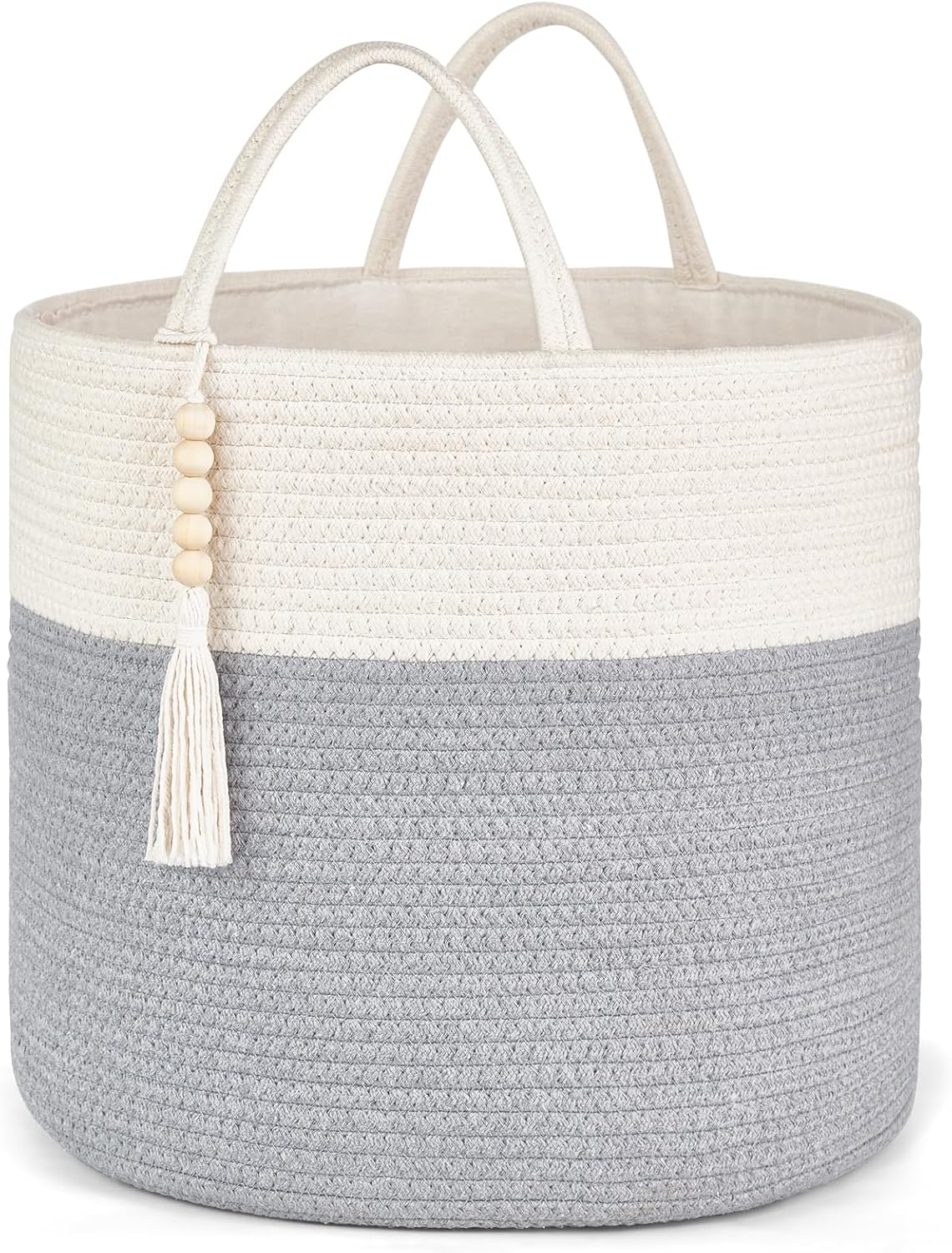 Pleciony kosz do przechowywania, szaro-biały, 1 sztuka, 28*28*28 cm, ozdobiony naturalnym sznurkiem, do salonu i dekoracji wnętrz.