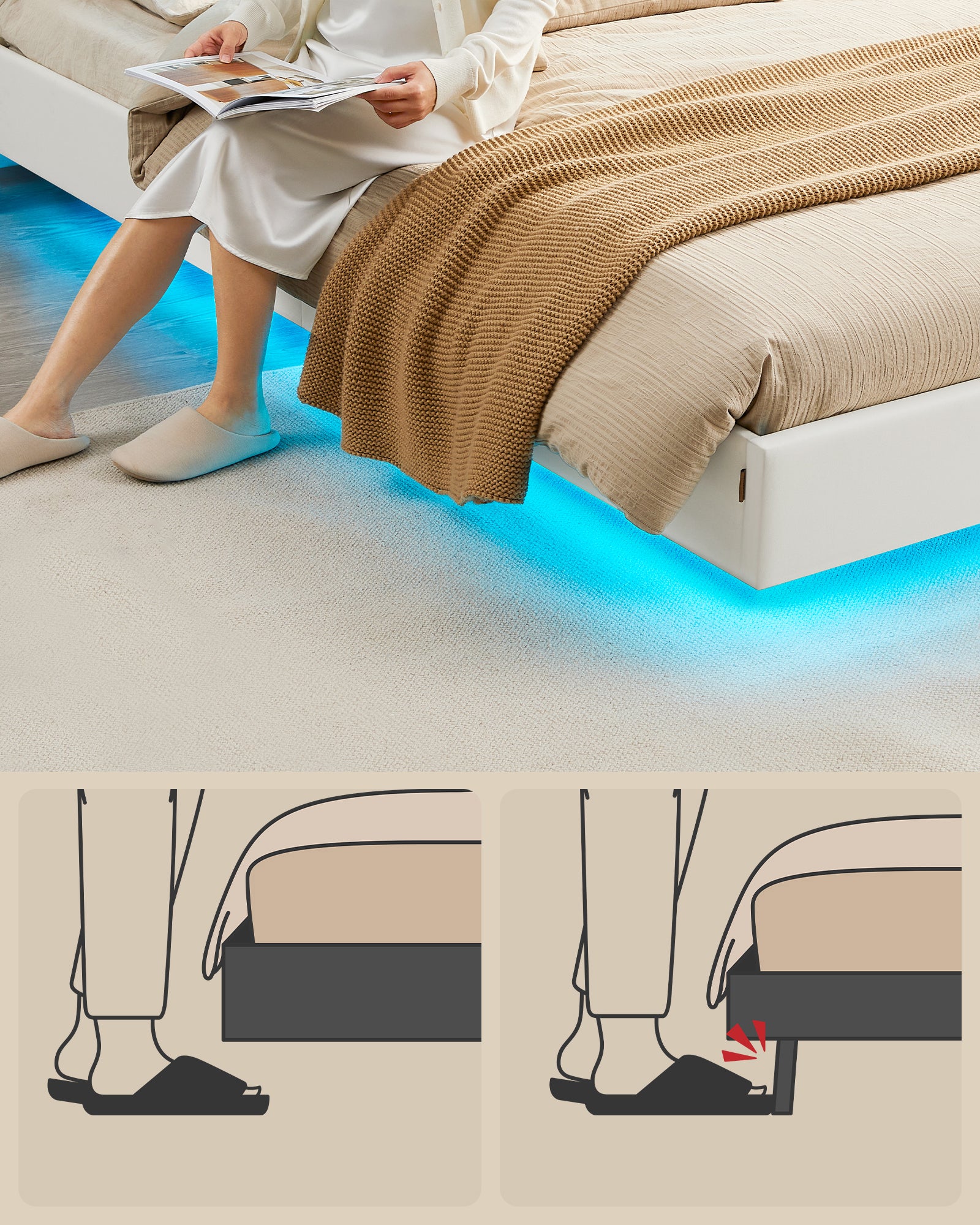 Lit Double, Cadre de Lit, 160 x 200 cm, Lit Flottant, Lit avec Éclairage LED, Tête de Lit Haute, Multiprise, Style Moderne, Blanc Nuage - 3