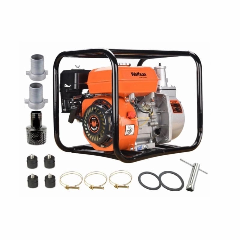 Motopompa apa curata WOLFSON WT-20, 2 toli, 6.5CP, 27000 l/h, H 26m, adancime 7m + ulei 4T, 0.6L + furtun pompieri 2 toli x 20m cu racorduri