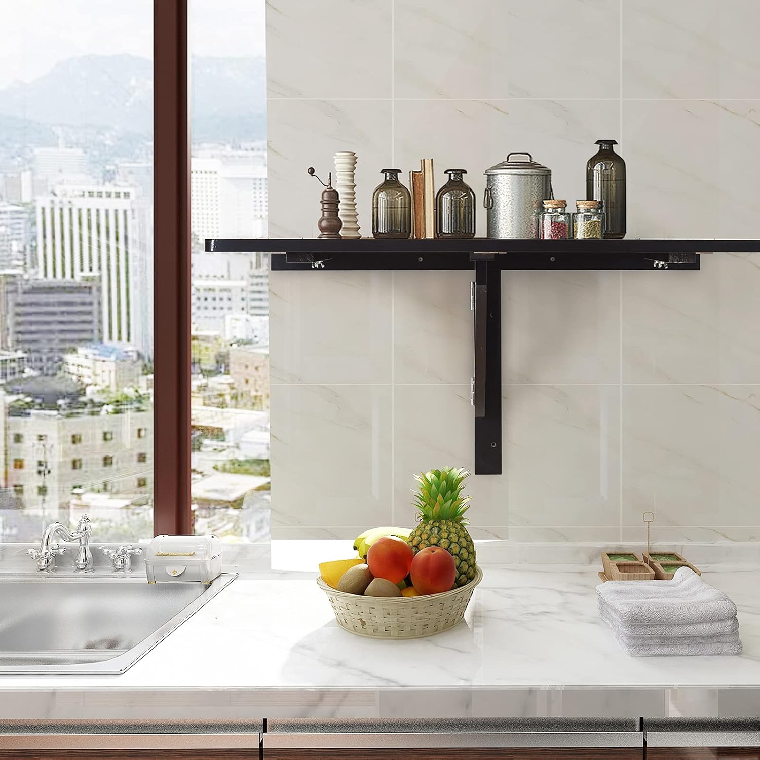 Table Pliante Murale, Plateau Rabattable, Bureau Peu Encombrant, Table à Manger en Bois, 80 x 60 x 45 cm (Noir) - 8