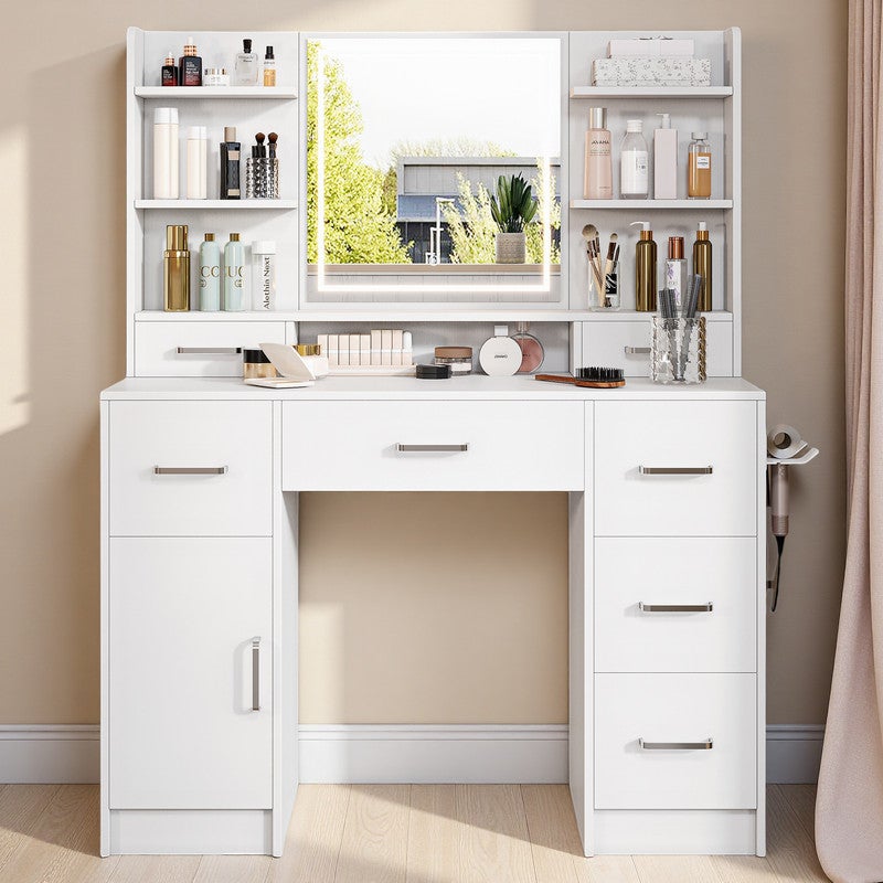 Coiffeuse avec Miroir LED, 3 Couleurs, Meuble de rangement, Coiffeuse de chambre, 7 tiroirs 1 porte, Style Moderne, 110x40x140 cm, 7 Étagères, Blanc - 8