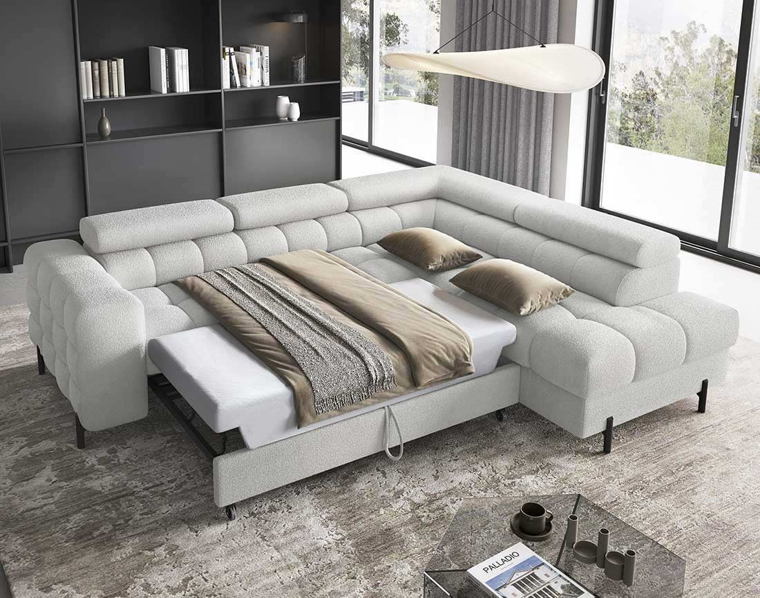 Canapé d'angle droit convertible 5 places en tissu bouclette gris clair - ELISA - Best Mobilier - 3