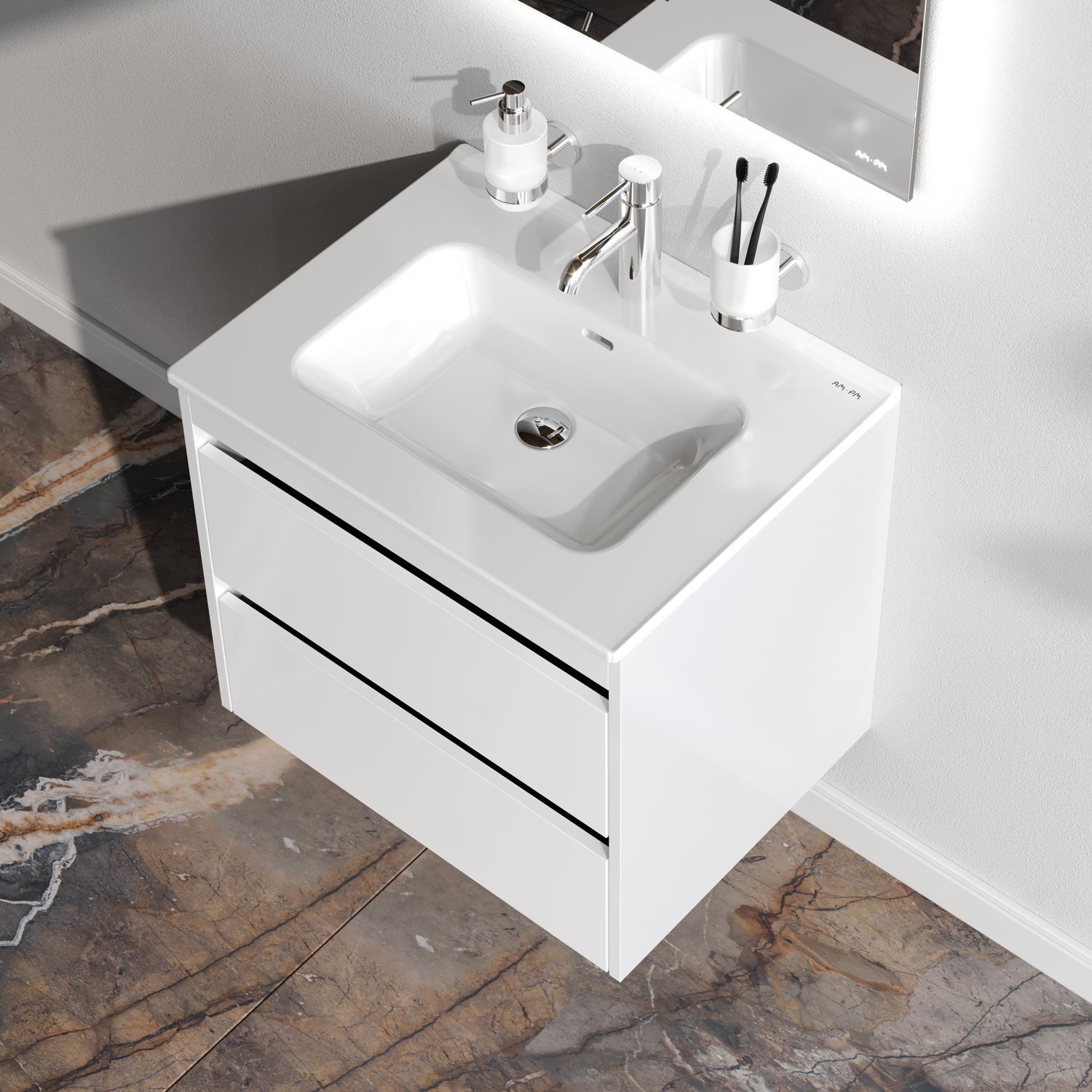Meuble salle de bains avec Vasque en Céramique Meuble simple vasque suspendu 60cm effet bois clair avec lavabo intégré, 2 tiroirs, design, Blanc AM.PM - 4