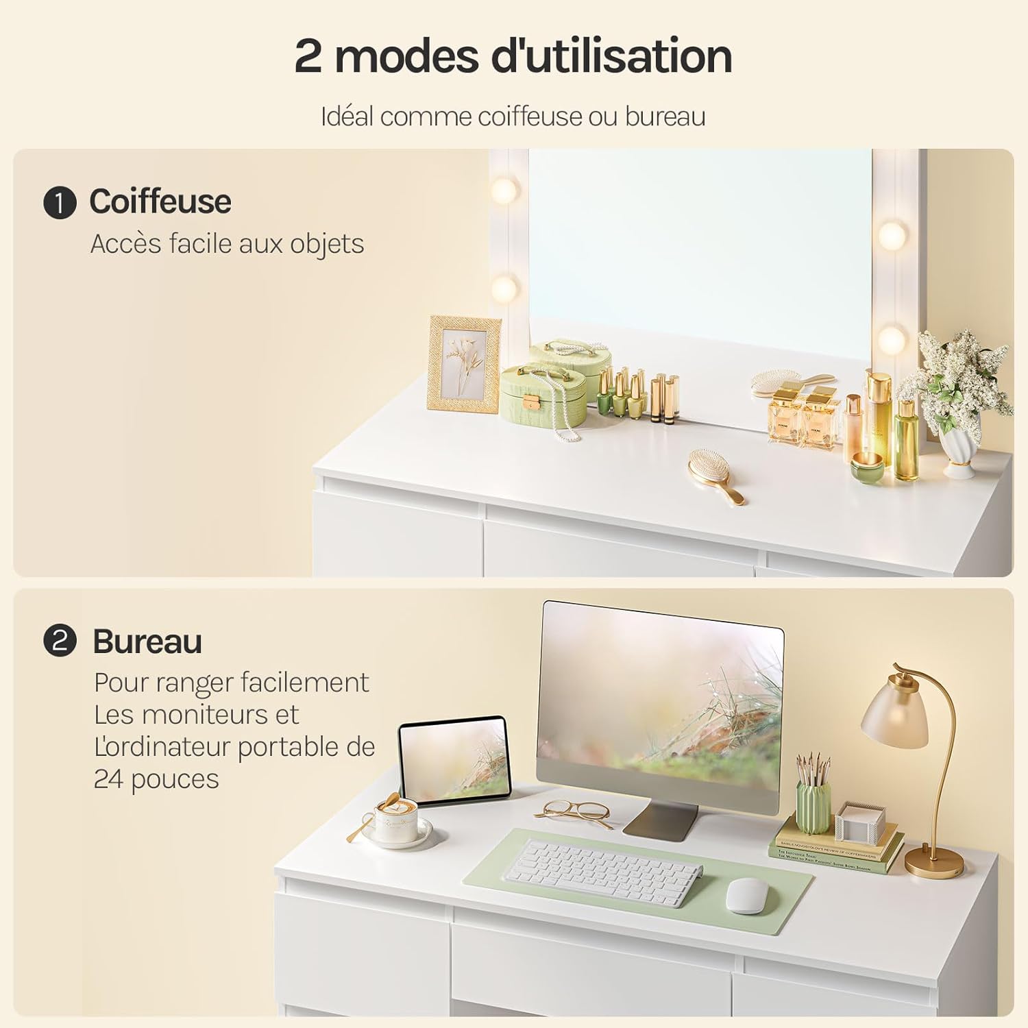 Coiffeuse avec miroir LED en Bois Blanc H. 140.5 x l. 39.5 x P. 39.5 cm - 5