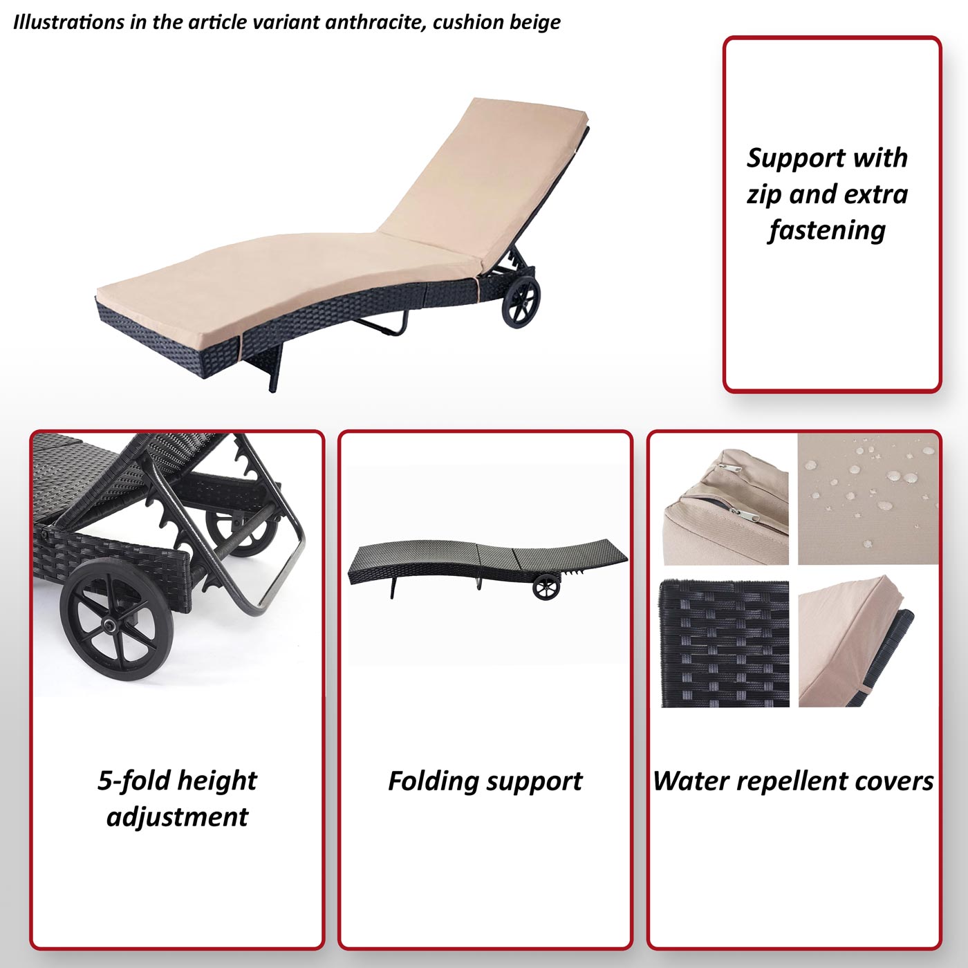 Chaise longue HWC-D80 en polyrotin ~ gris, coussin gris foncé - 9