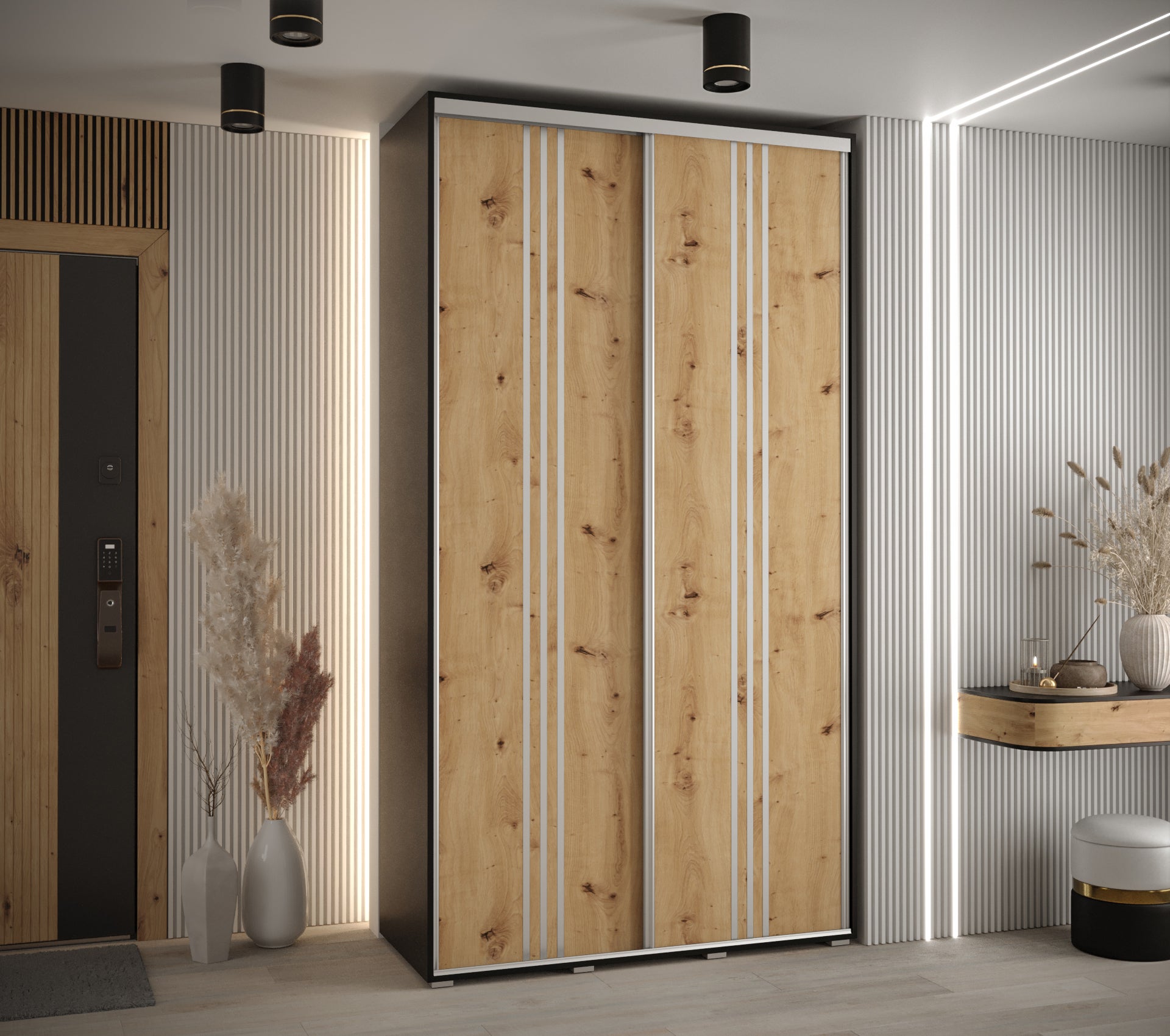 Szafa przesuwna wysoka Davos 6 140 x 45 x 235,2 cm czarny + artisan + u. srebrny - Abiks Meble - 2