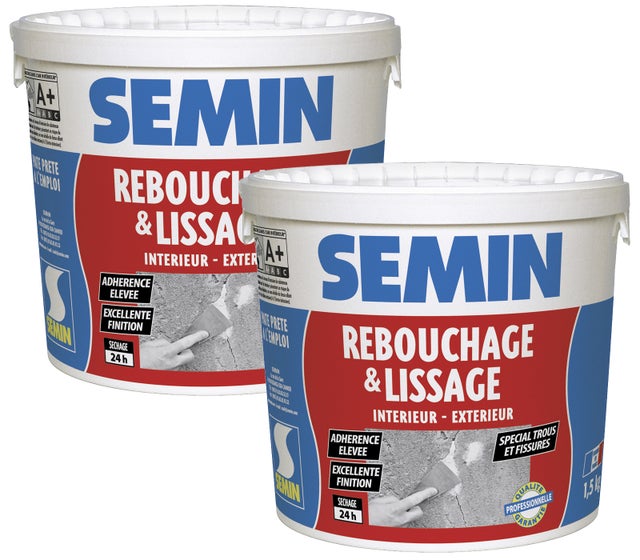 Lot de 2 enduits de rebouchage en pâte spécial fissures et trous de vis Semin - intérieur/extérieur - seau de 1,5 kg