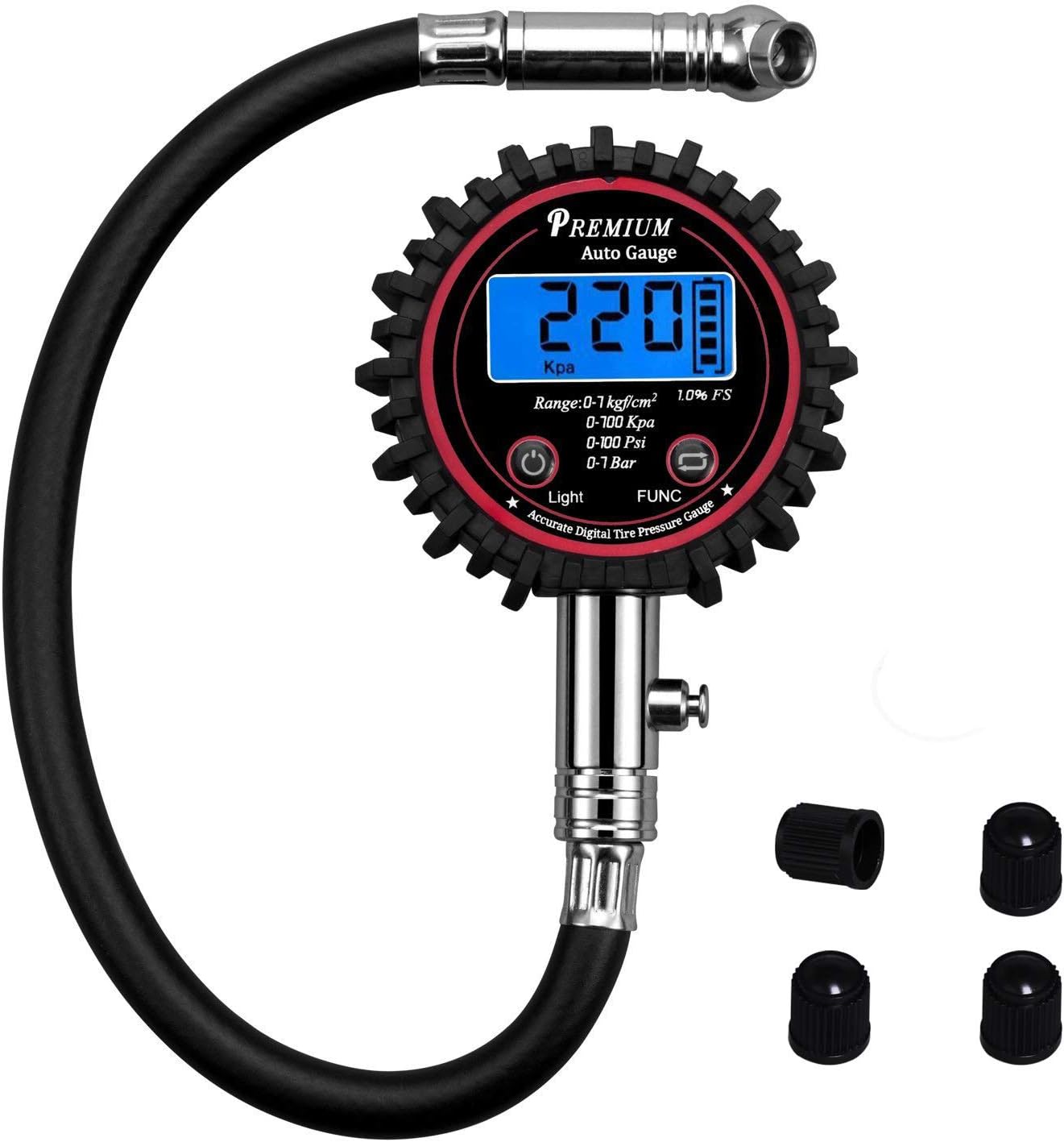 Cyfrowy tester ciśnienia w oponach do motocykli, ciężarówek, samochodów, quadów z wężem i podświetlanym wyświetlaczem LCD