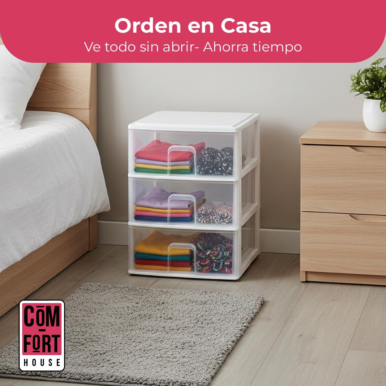 COM-FORT HOUSE | Cajonera Apilable de Plástico | Modelo Transparente | Color Blanco | Modelo de 3 Cajones | Cajones de Almacenamiento Modular - 3