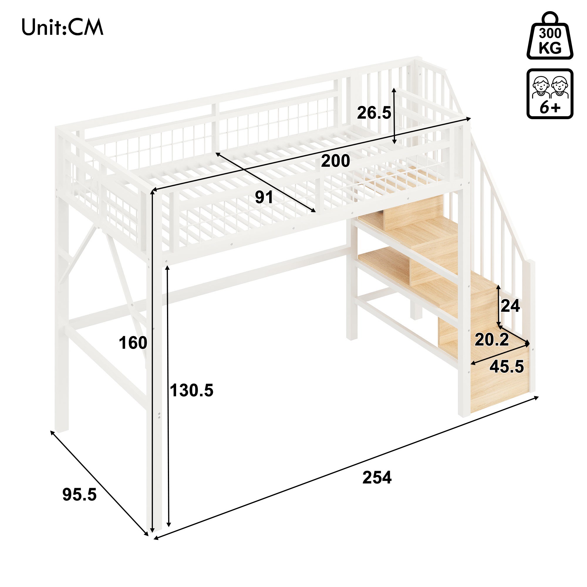 Lit mezzanine 90 x 200 cm avec éclairage LED, escalier avec rangements intégrés, espace libre modulable dessous, structure en métal robuste, blanc - 7