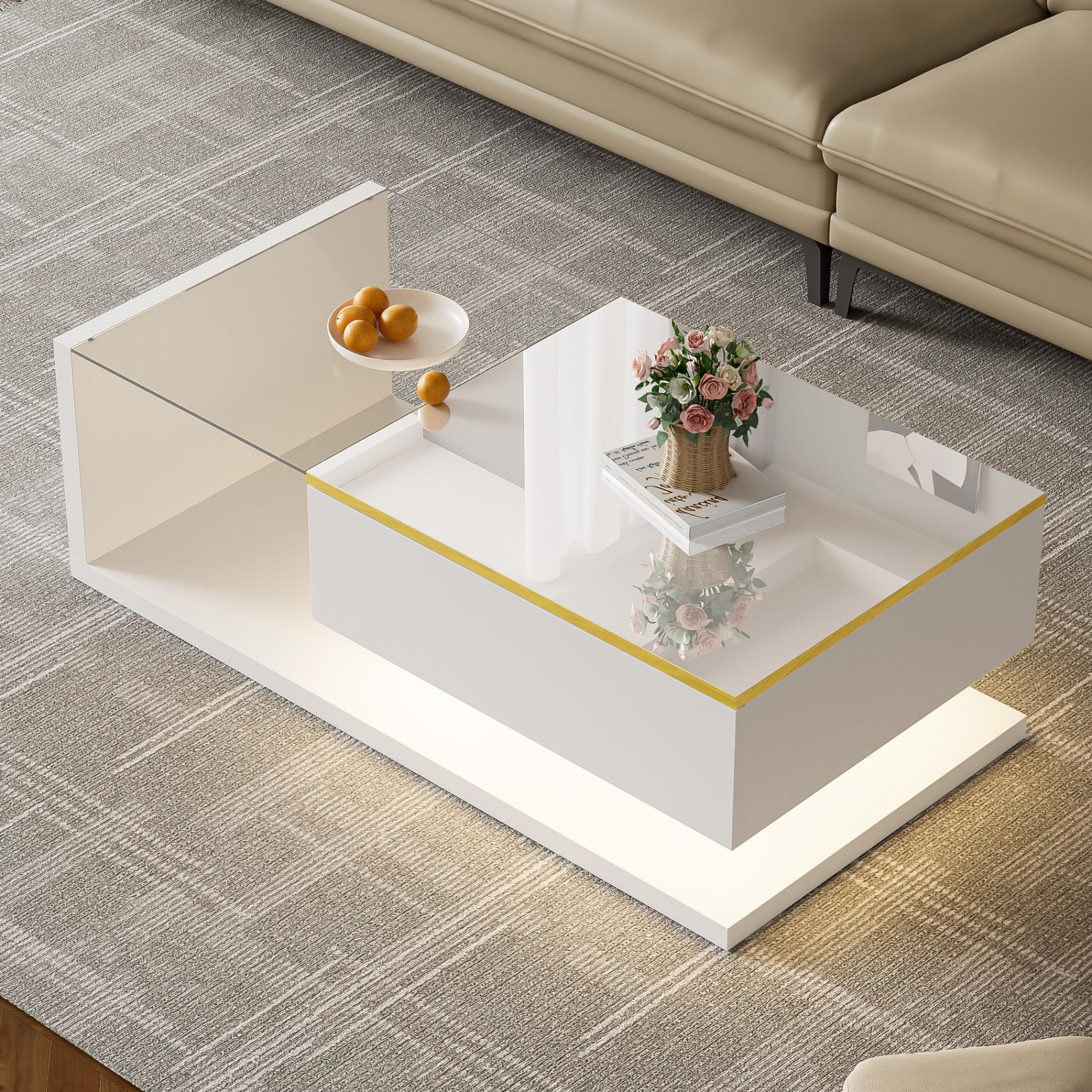 Tavolino da Salotto Moderno in Bianco Lucido con Spazio di Archiviazione - 100 cm, Piano in Vetro e Illuminazione LED RGB Bluetooth | Leroy Merlin