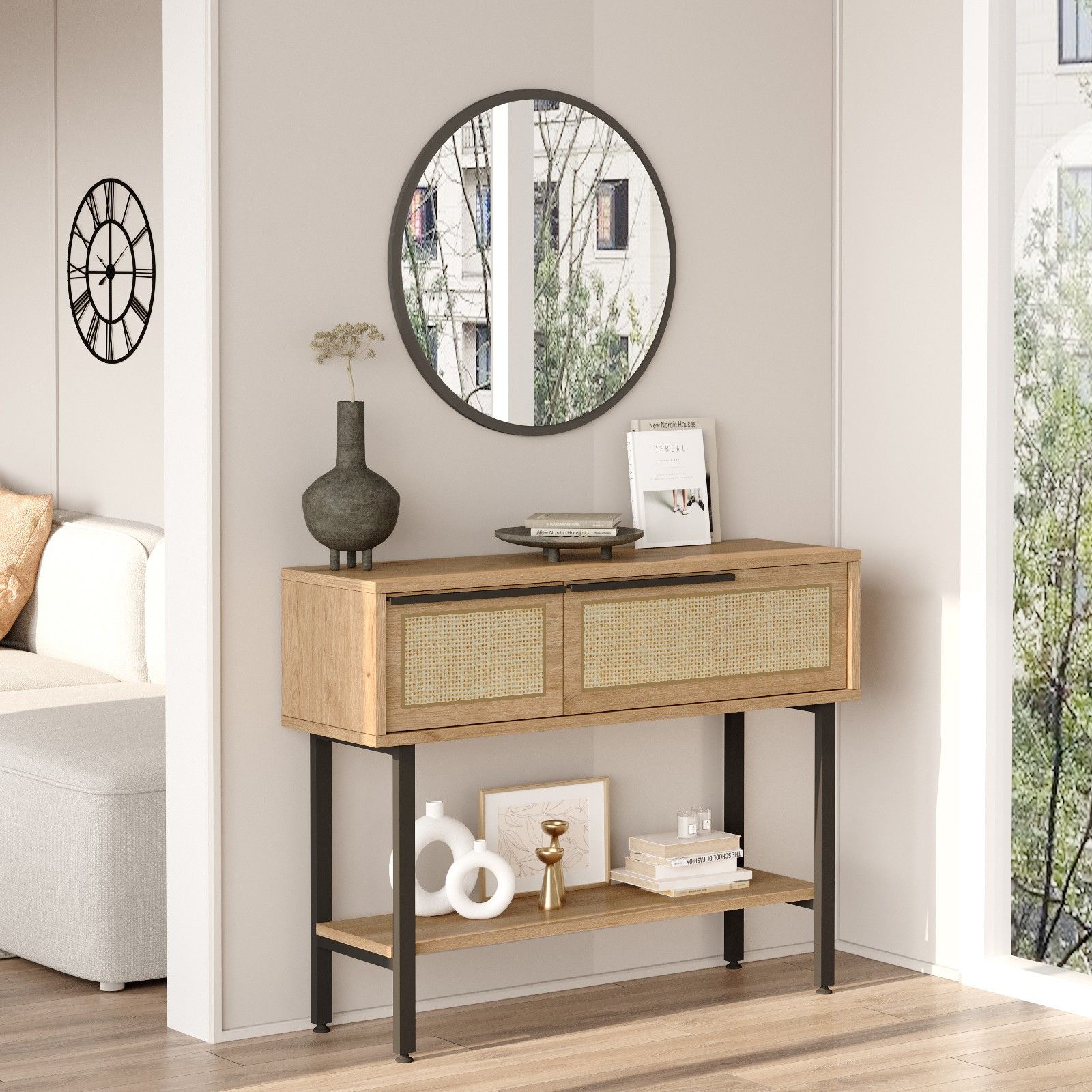 Console style industriel avec miroir Evelis Bois et Rotin clair | Leroy ...