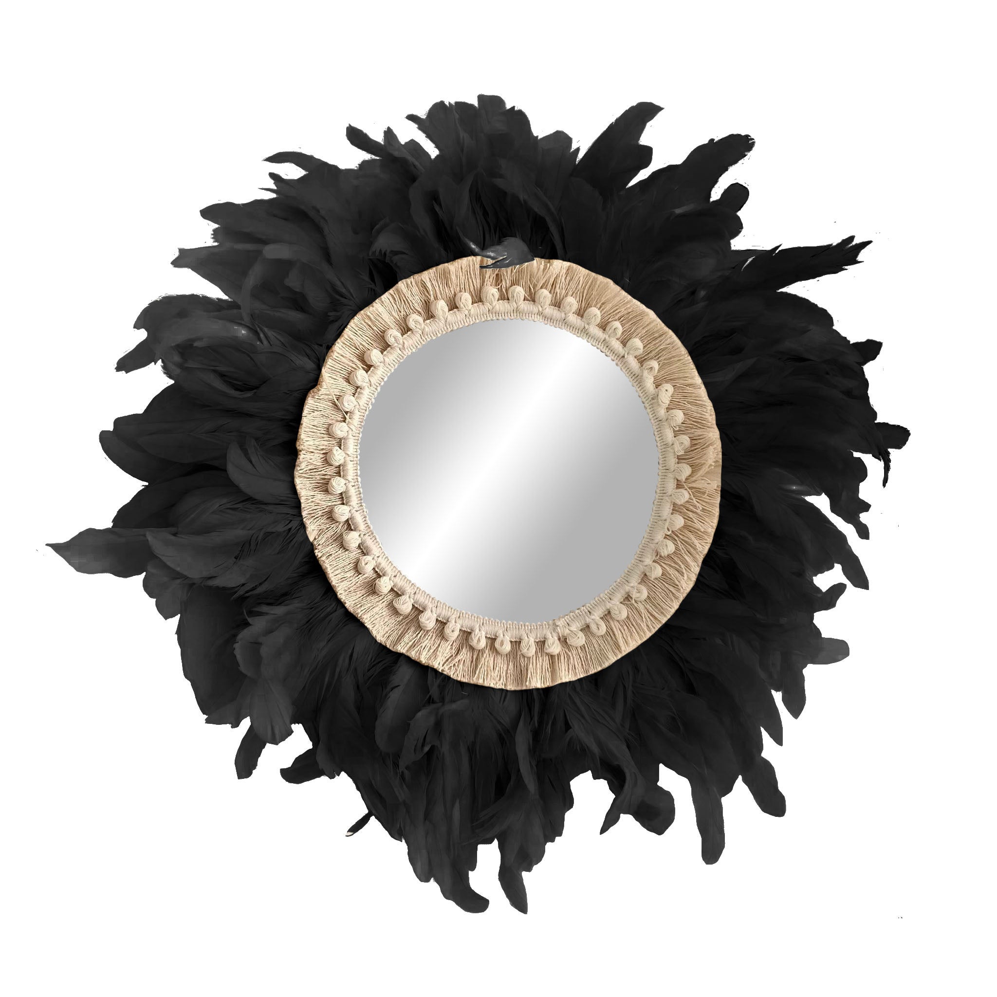 Espejo redondo de plumas naturales de gallo decoración de pared estilo étnico - mirror feathers tail negro 50cm
