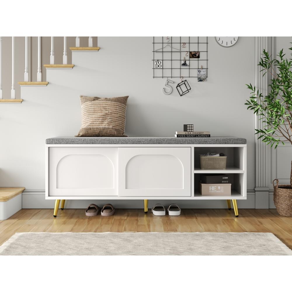 Banquette d’entrée blanche 121 cm – rangement chaussures, assise rembourrée, étagères réglables – 121x35x49 cm - 4