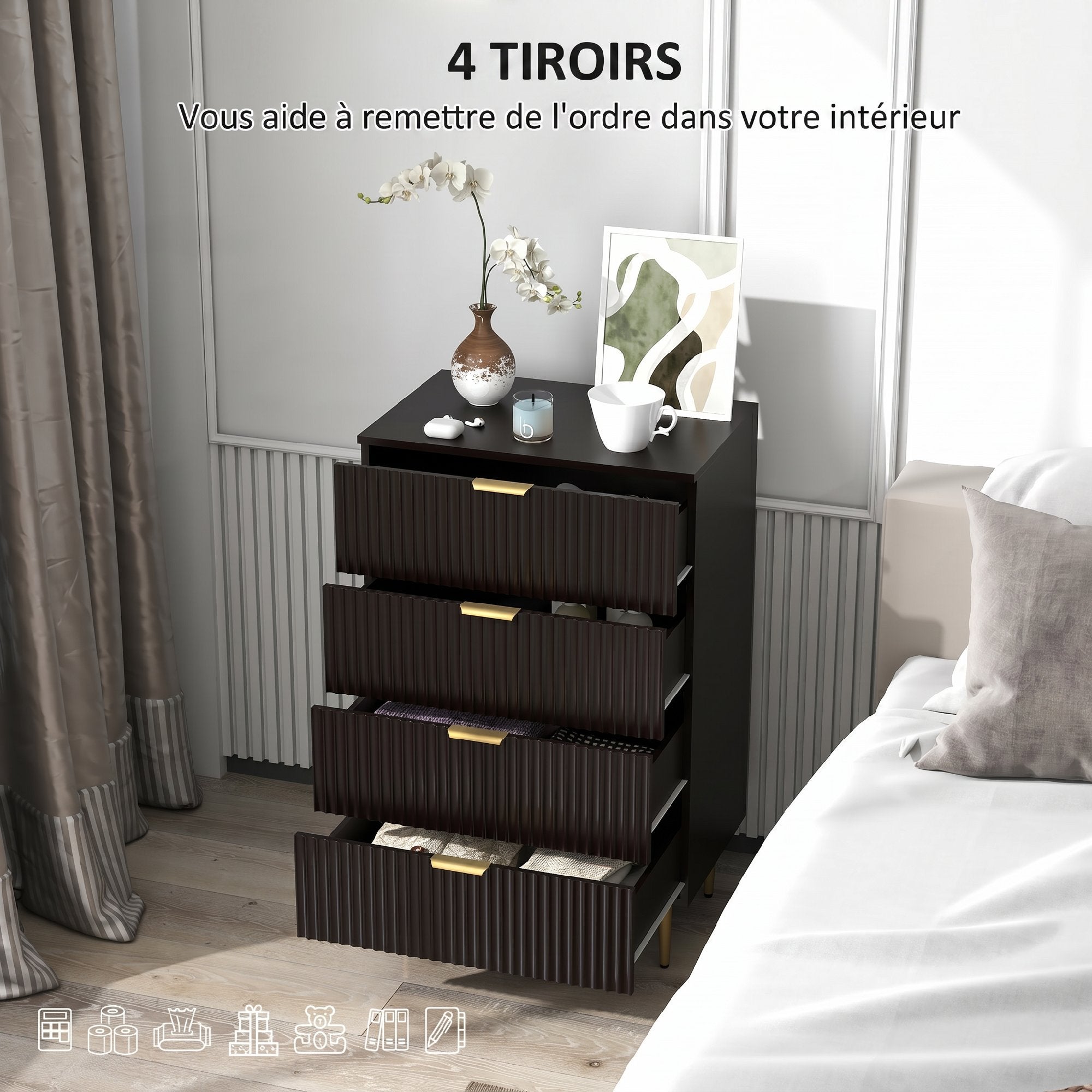 Commode 6 tiroirs design effet cannelé piètement métal doré noir ...